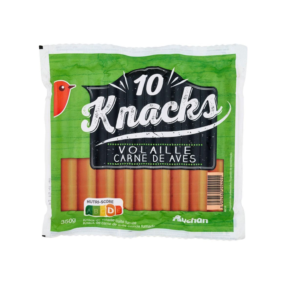 AUCHAN Saucisses knacks de volaille 10 pièces 350g