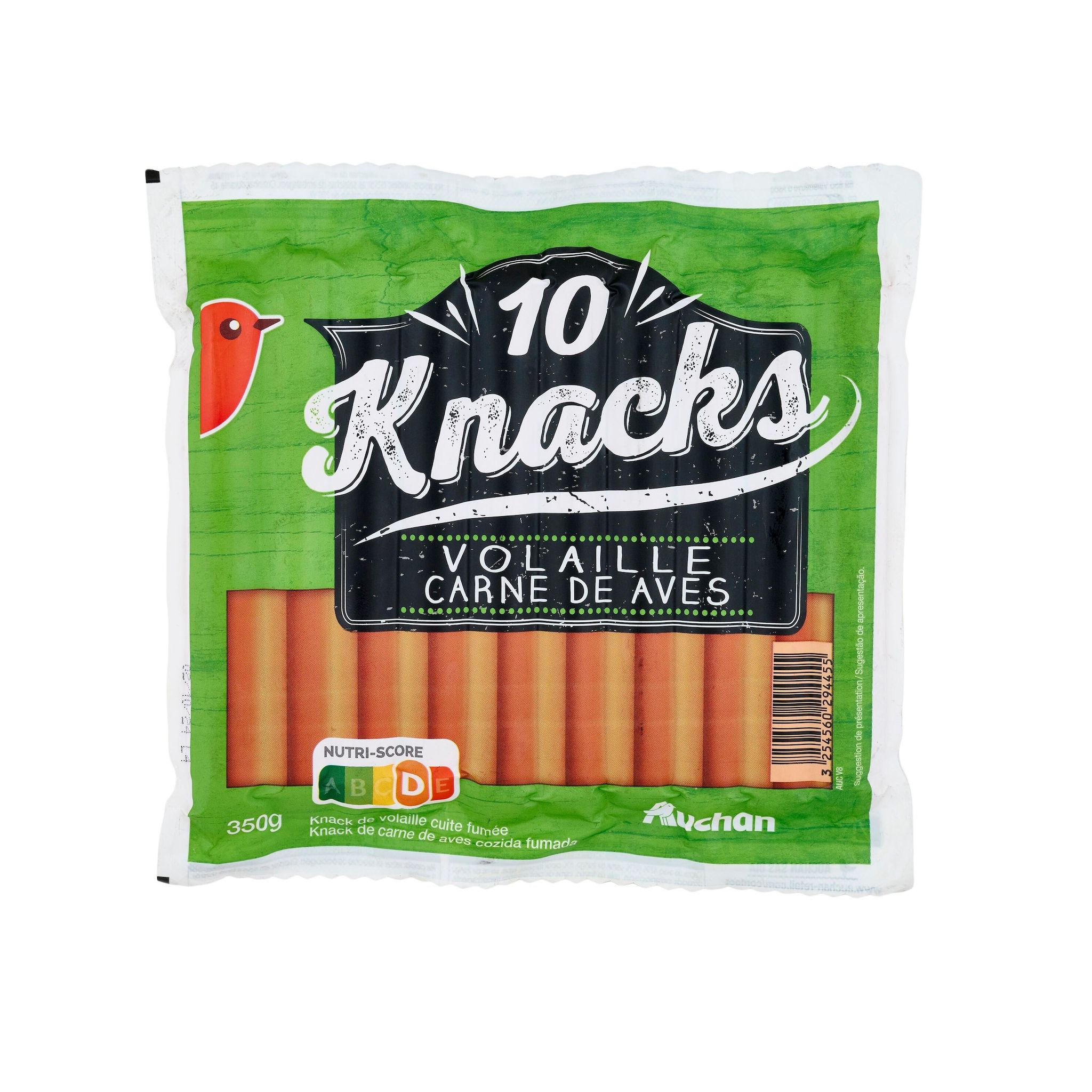 Voir la diapositive 3 : AUCHAN Saucisses knacks de volaille 10 pièces 350g