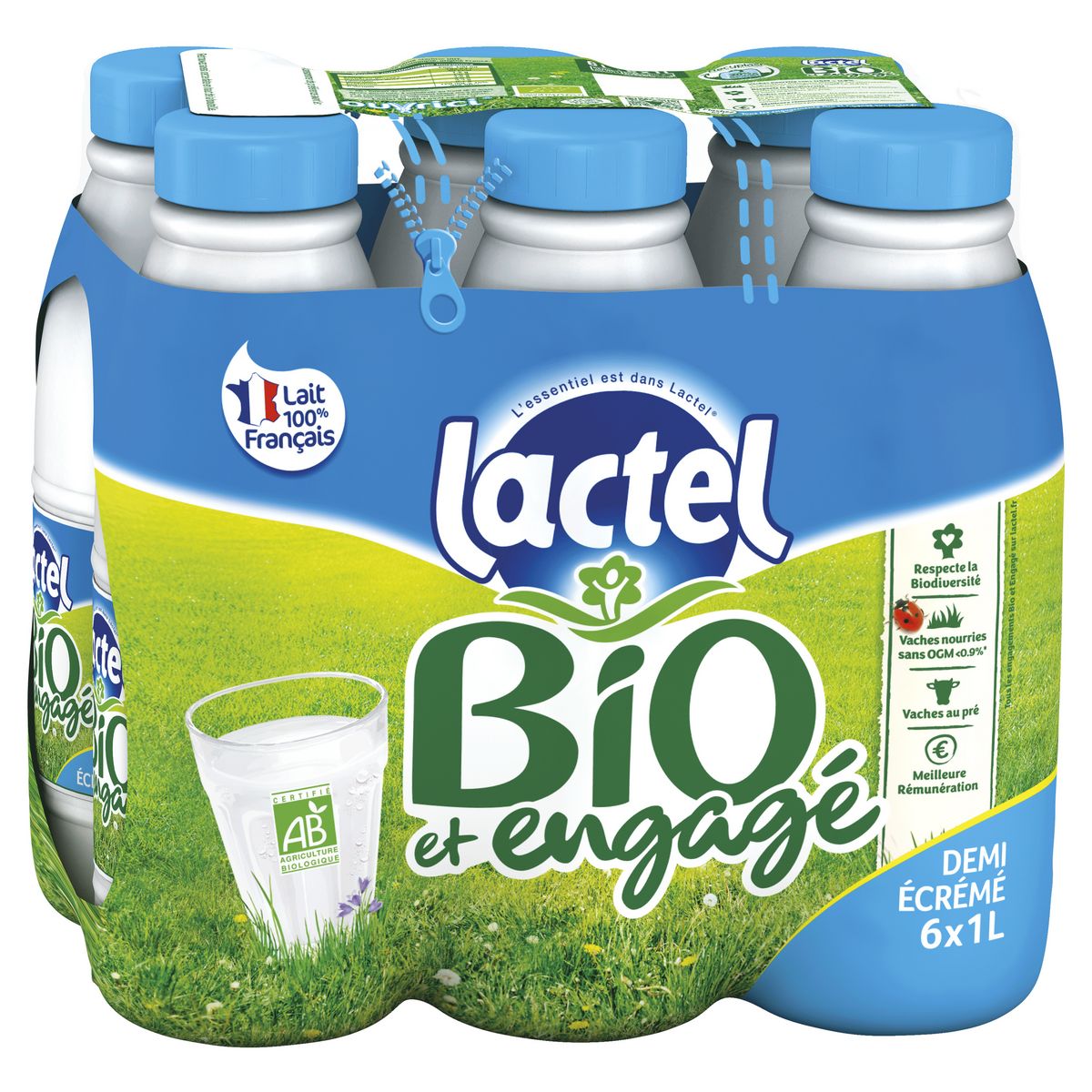 LACTEL Lait demi-écrémé bio UHT 6x1L