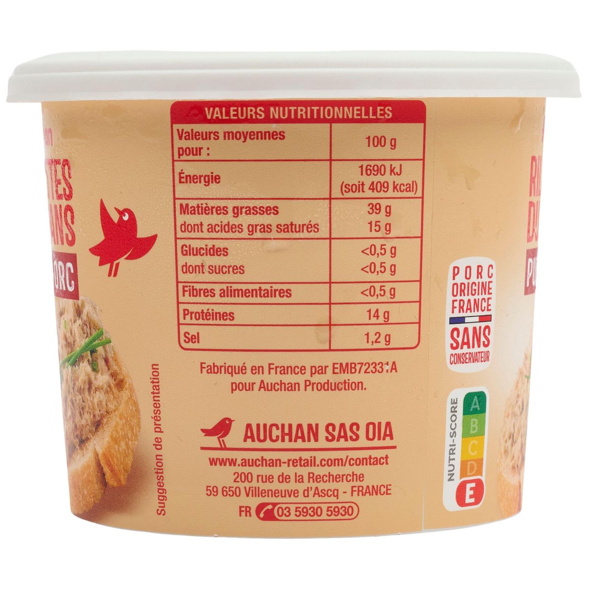 AUCHAN Rillettes du Mans pur Porc 220g