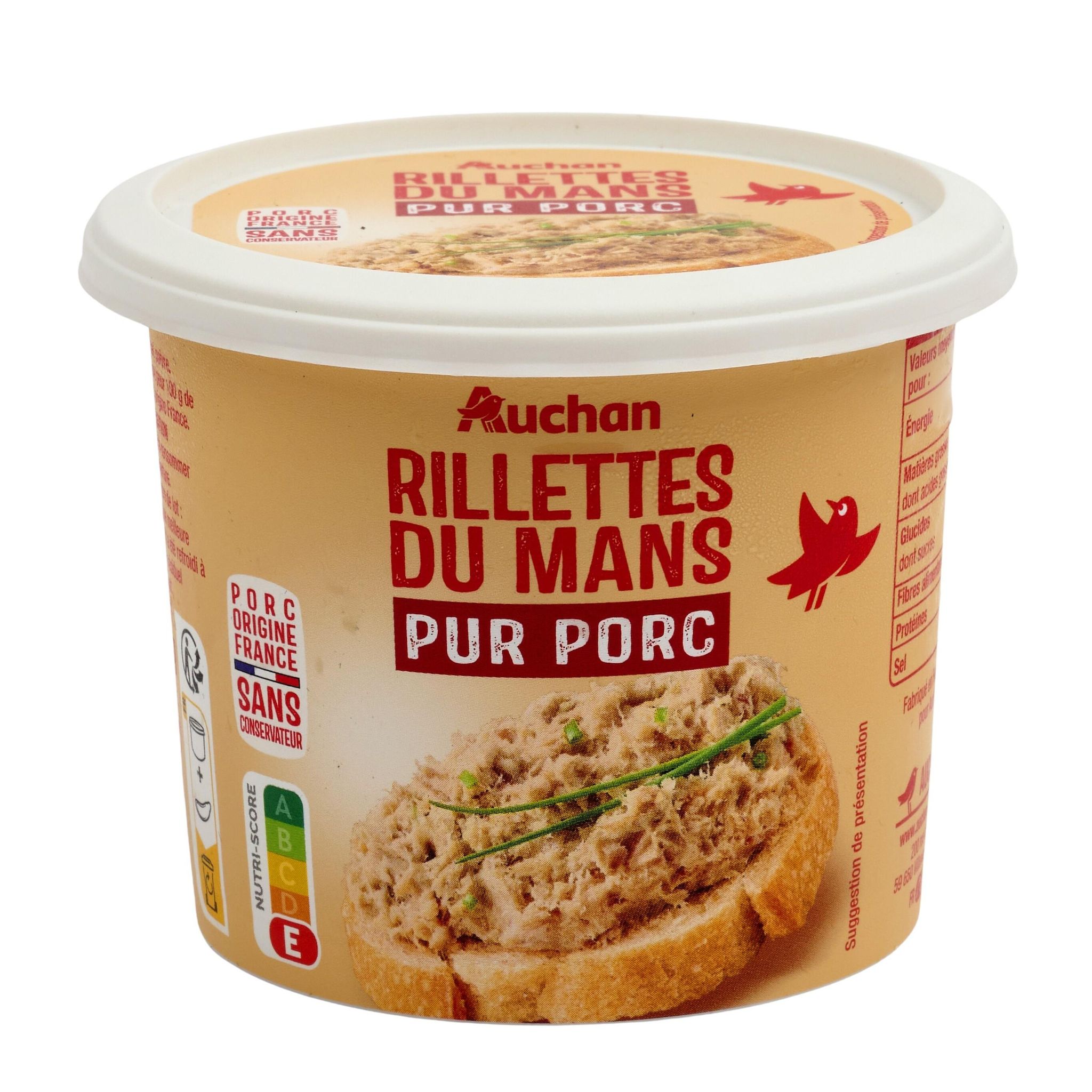 Voir la diapositive 2 : AUCHAN Rillettes du Mans pur Porc 220g