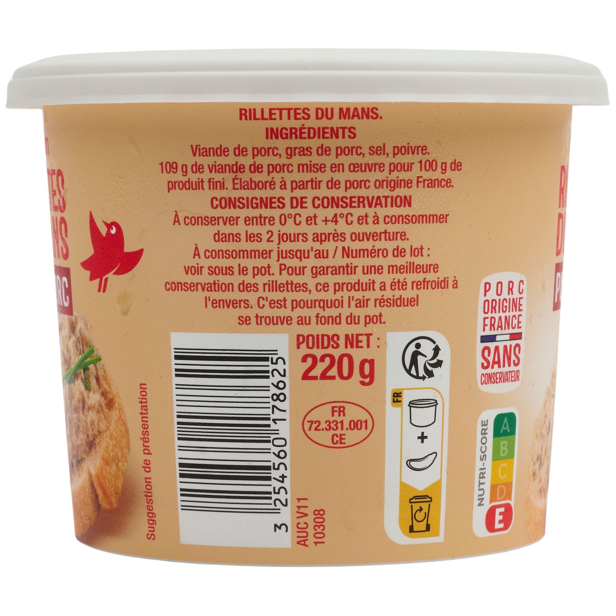 Voir la diapositive 3 : AUCHAN Rillettes du Mans pur Porc 220g
