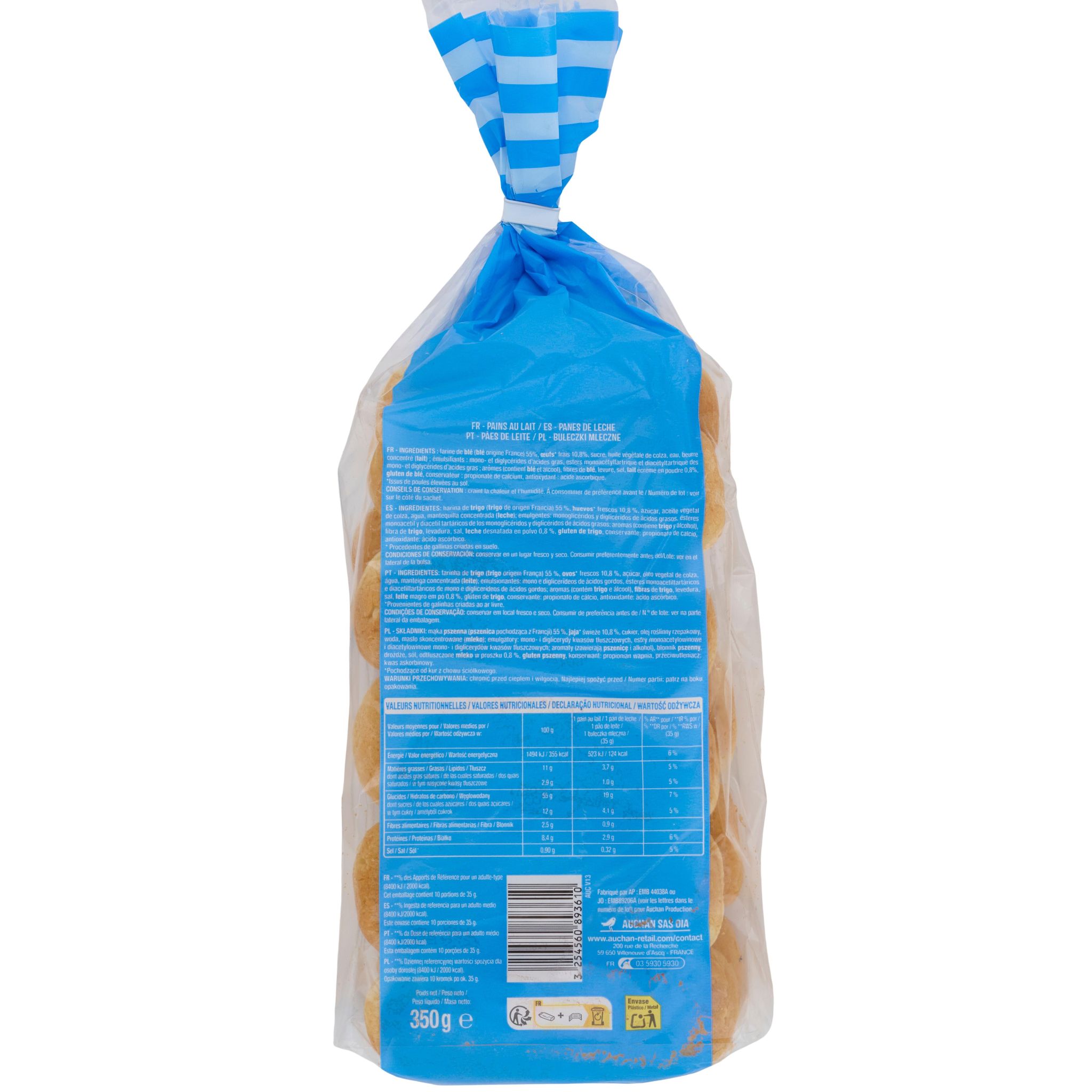 Voir la diapositive 2 : AUCHAN Pains au lait 10 pains au lait 350g