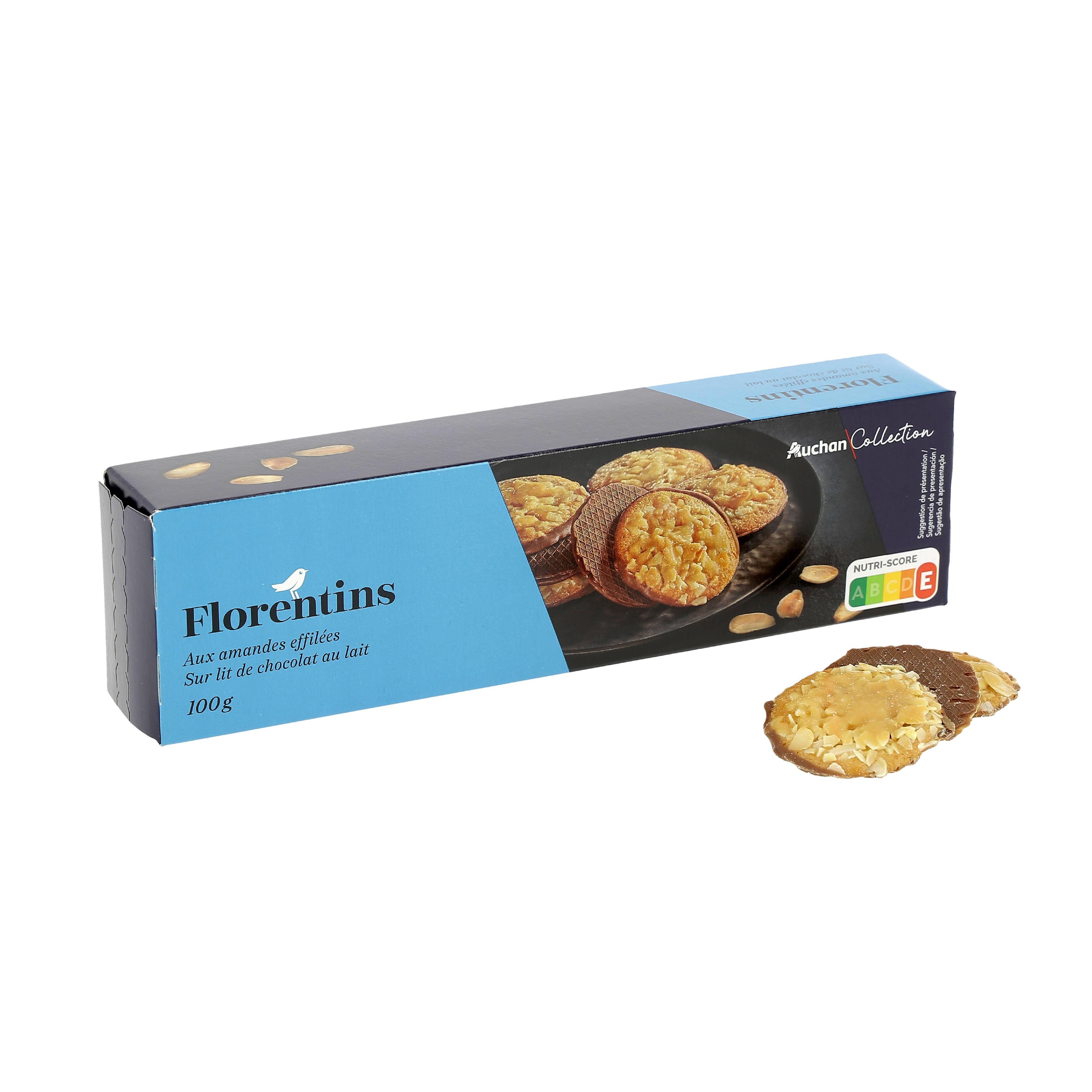 Voir la diapositive 2 : AUCHAN COLLECTION Florentins aux amandes effilées sur lit de chocolat au lait 100g
