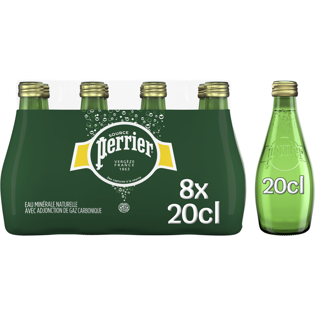 PERRIER Eau minérale naturelle gazeuse bouteilles en verre 8x20cl
