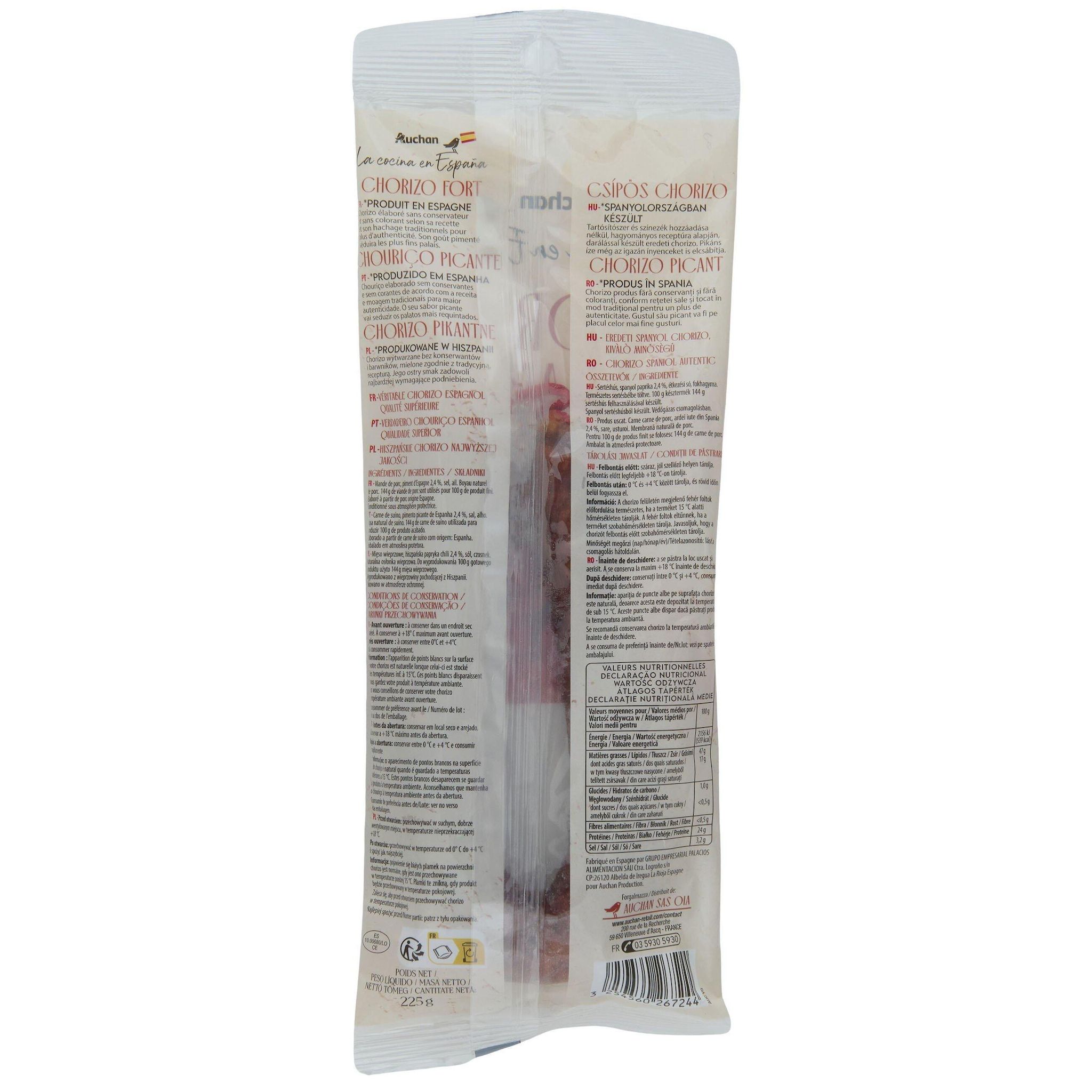 Voir la diapositive 3 : AUCHAN LA COCINA EN ESPANA Chorizo Piquante 225g
