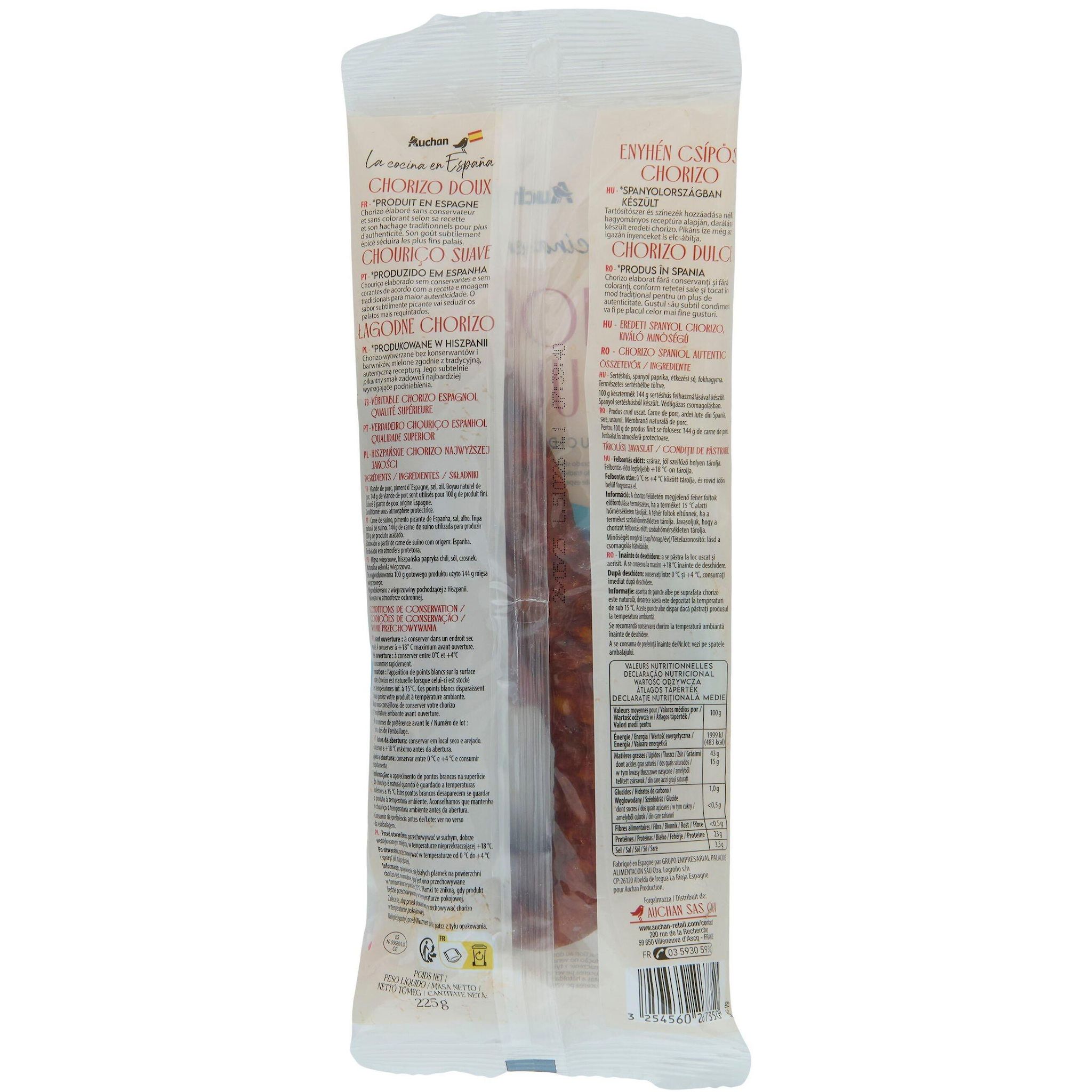 Voir la diapositive 2 : AUCHAN LA COCINA EN ESPANA Chorizo Dulce 225g