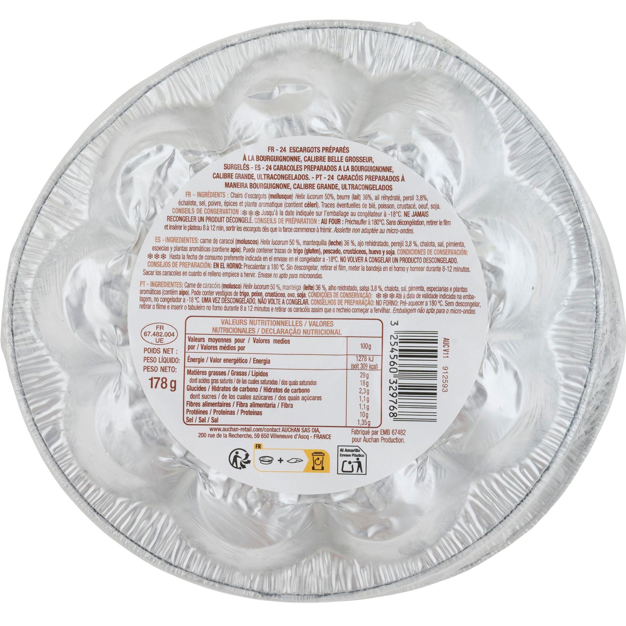 Voir la diapositive 2 : AUCHAN Escargot gros calibre recette Bourguignonne 24 pièces 178g