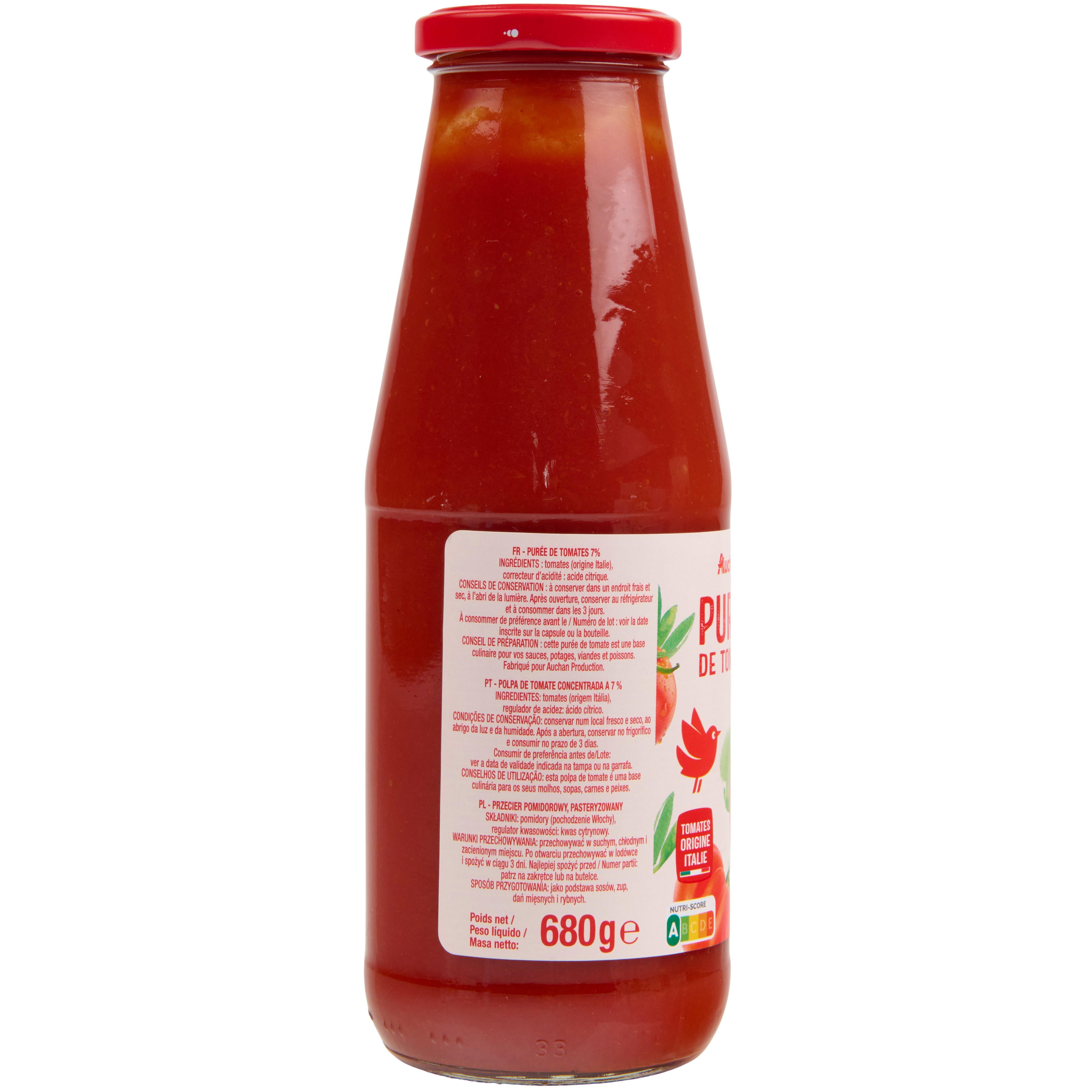 Voir la diapositive 2 : AUCHAN Purée de tomates en bouteille 680g
