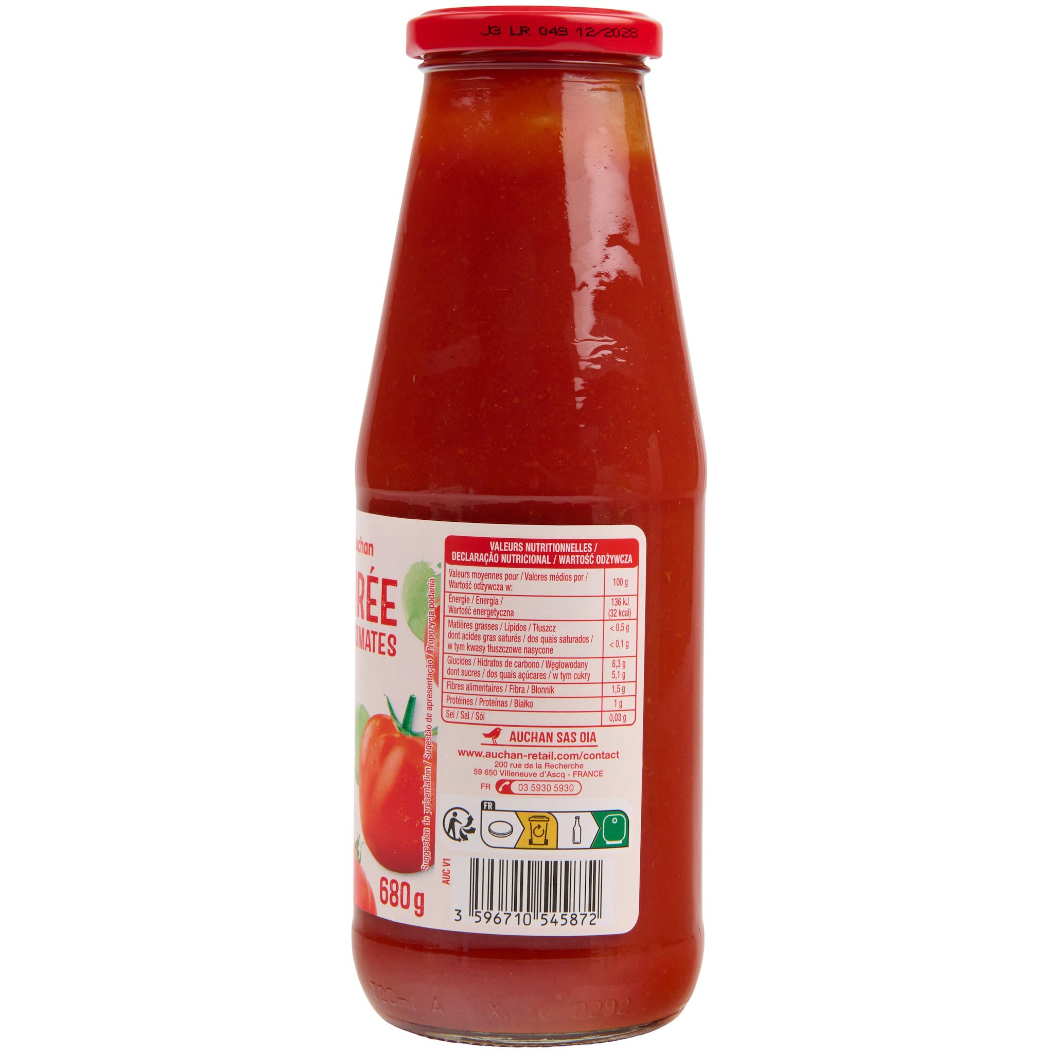 Voir la diapositive 3 : AUCHAN Purée de tomates en bouteille 680g