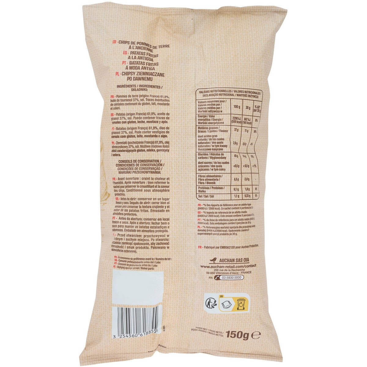 AUCHAN Chips à l'ancienne nature 150g