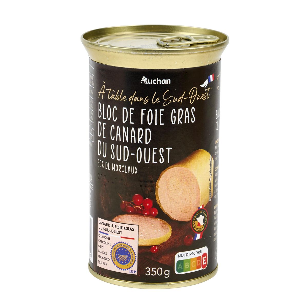 AUCHAN TERROIR Bloc de foie gras avec 30% de morceaux de canard IGP du Sud-Ouest 9 parts 350g