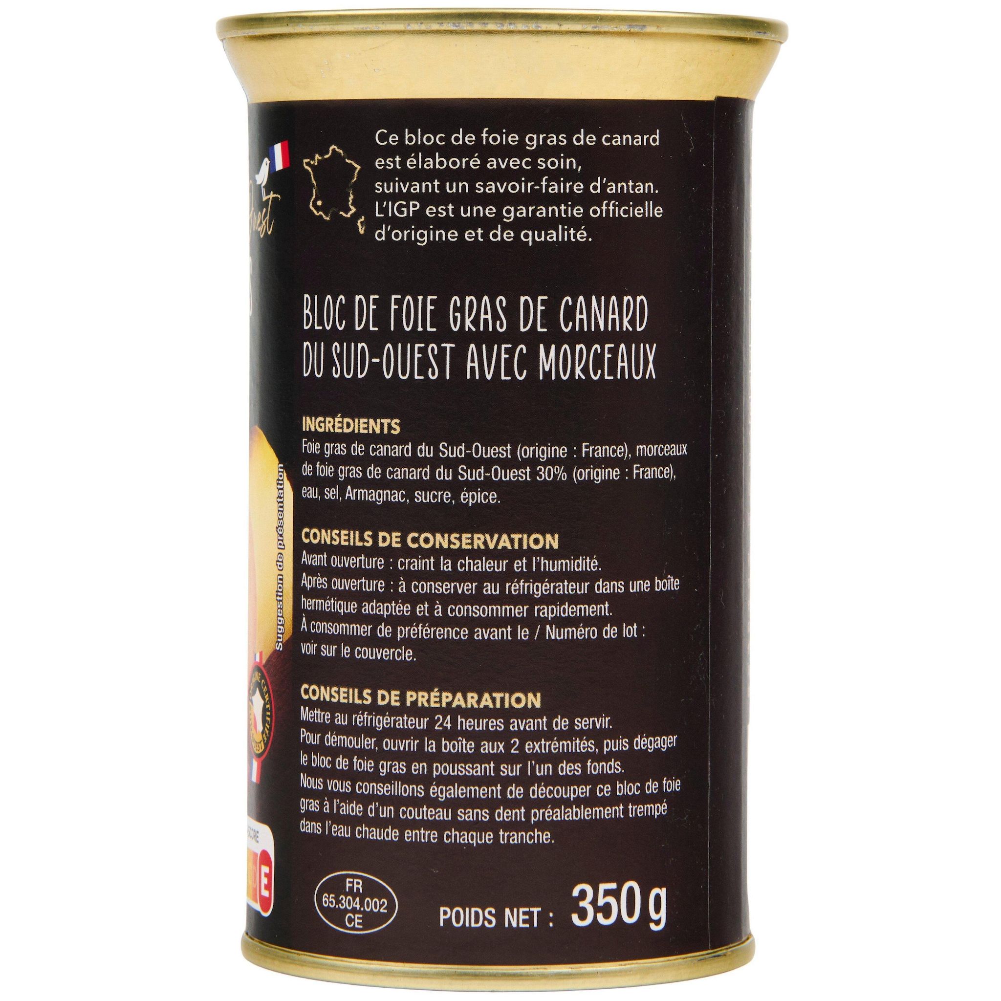 Voir la diapositive 2 : AUCHAN TERROIR Bloc de foie gras avec 30% de morceaux de canard IGP du Sud-Ouest 9 parts 350g