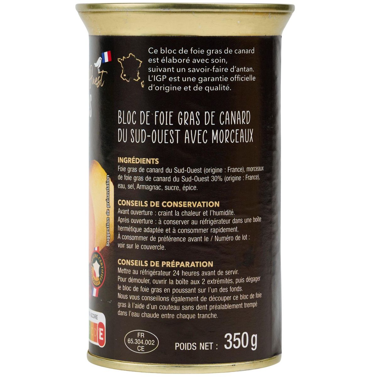 AUCHAN TERROIR Bloc de foie gras avec 30% de morceaux de canard IGP du Sud-Ouest 9 parts 350g