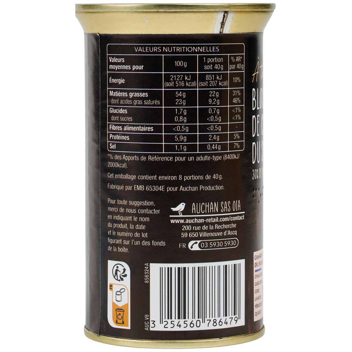 AUCHAN TERROIR Bloc de foie gras avec 30% de morceaux de canard IGP du Sud-Ouest 9 parts 350g