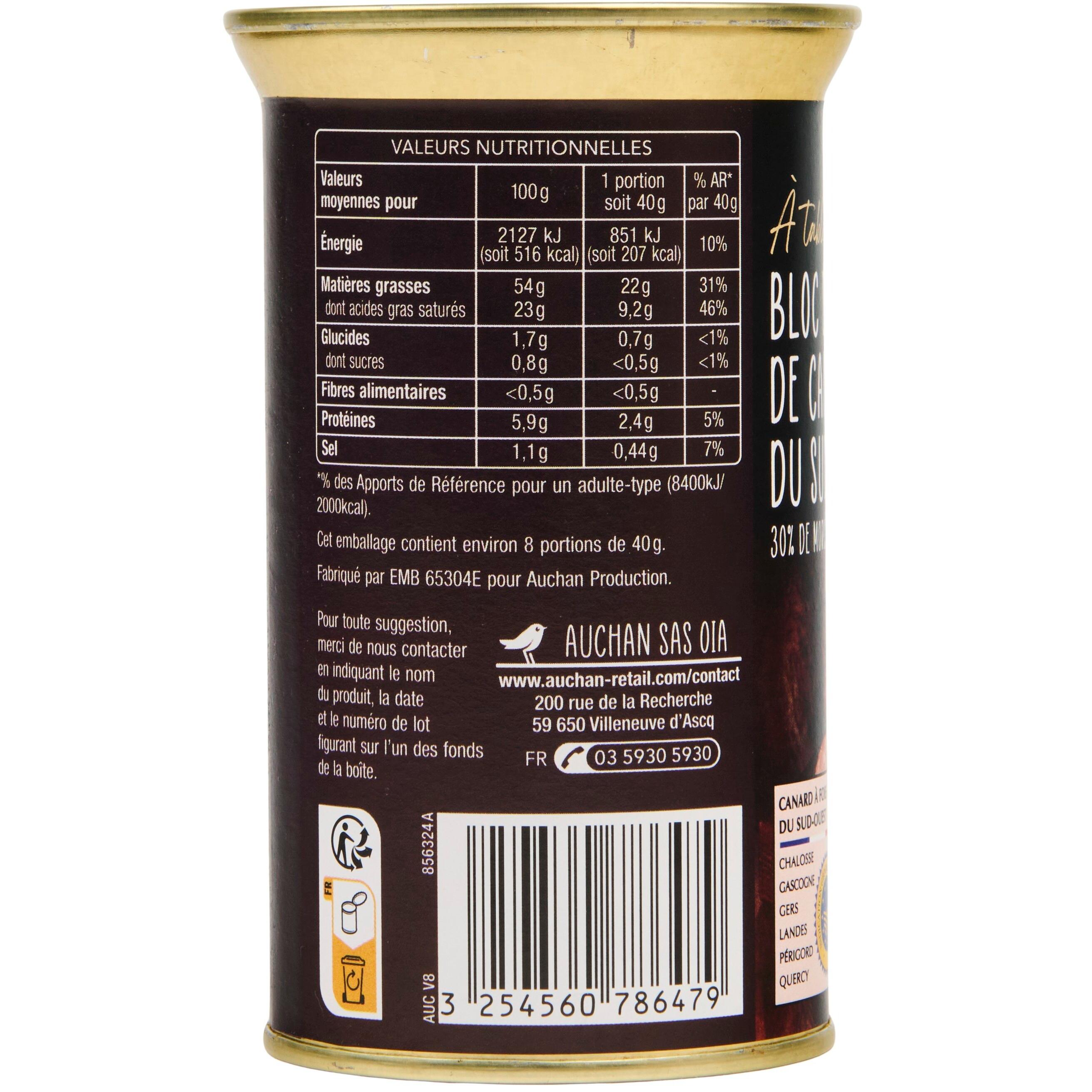 Voir la diapositive 5 : AUCHAN TERROIR Bloc de foie gras avec 30% de morceaux de canard IGP du Sud-Ouest 9 parts 350g