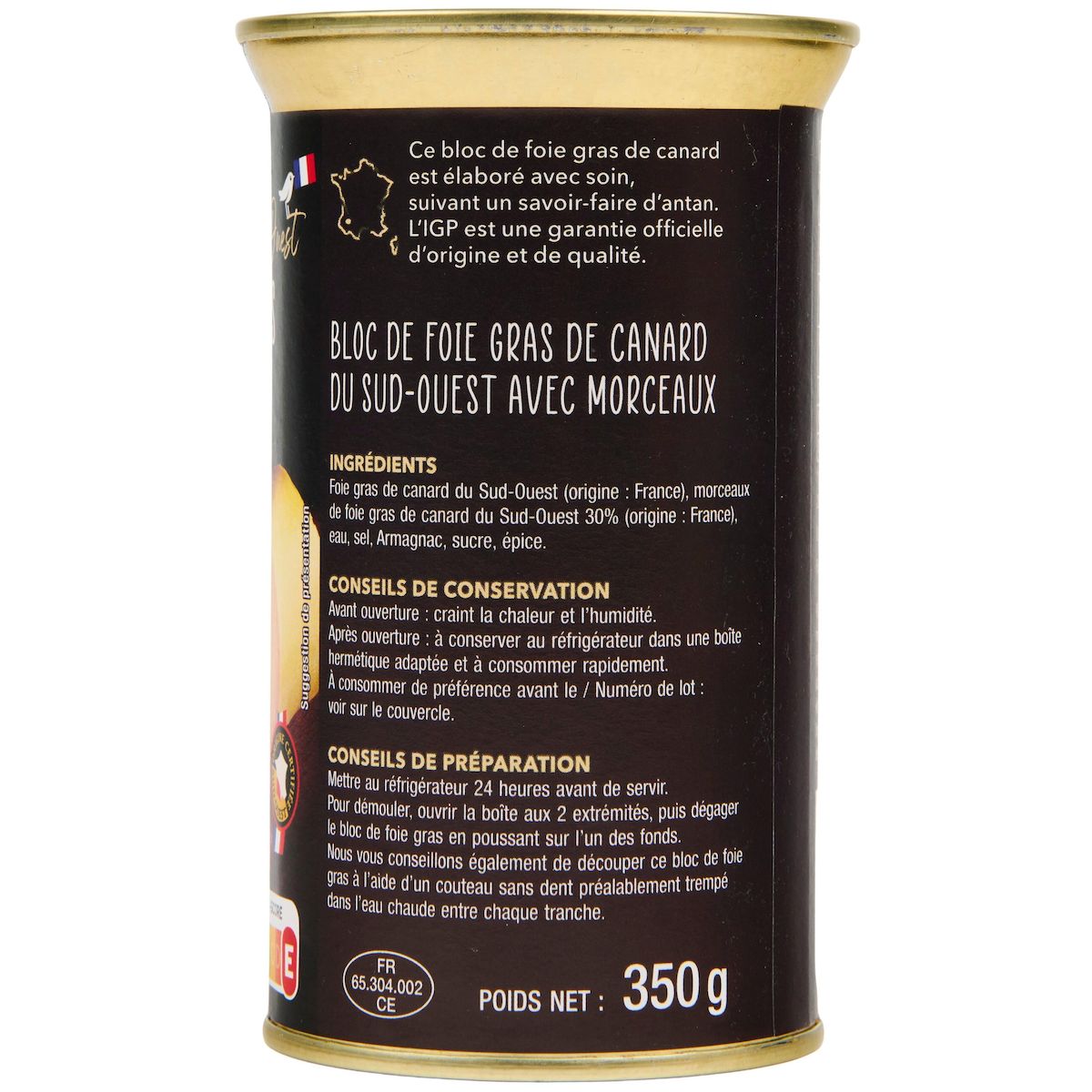 AUCHAN TERROIR Bloc de foie gras avec 30% de morceaux de canard IGP du Sud-Ouest 9 parts 350g