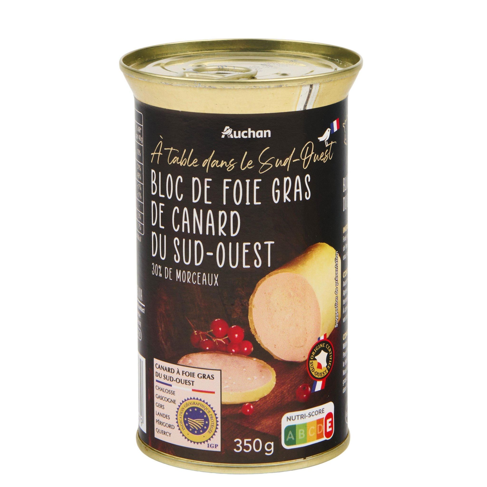 Voir la diapositive 5 : AUCHAN TERROIR Bloc de foie gras avec 30% de morceaux de canard IGP du Sud-Ouest 9 parts 350g