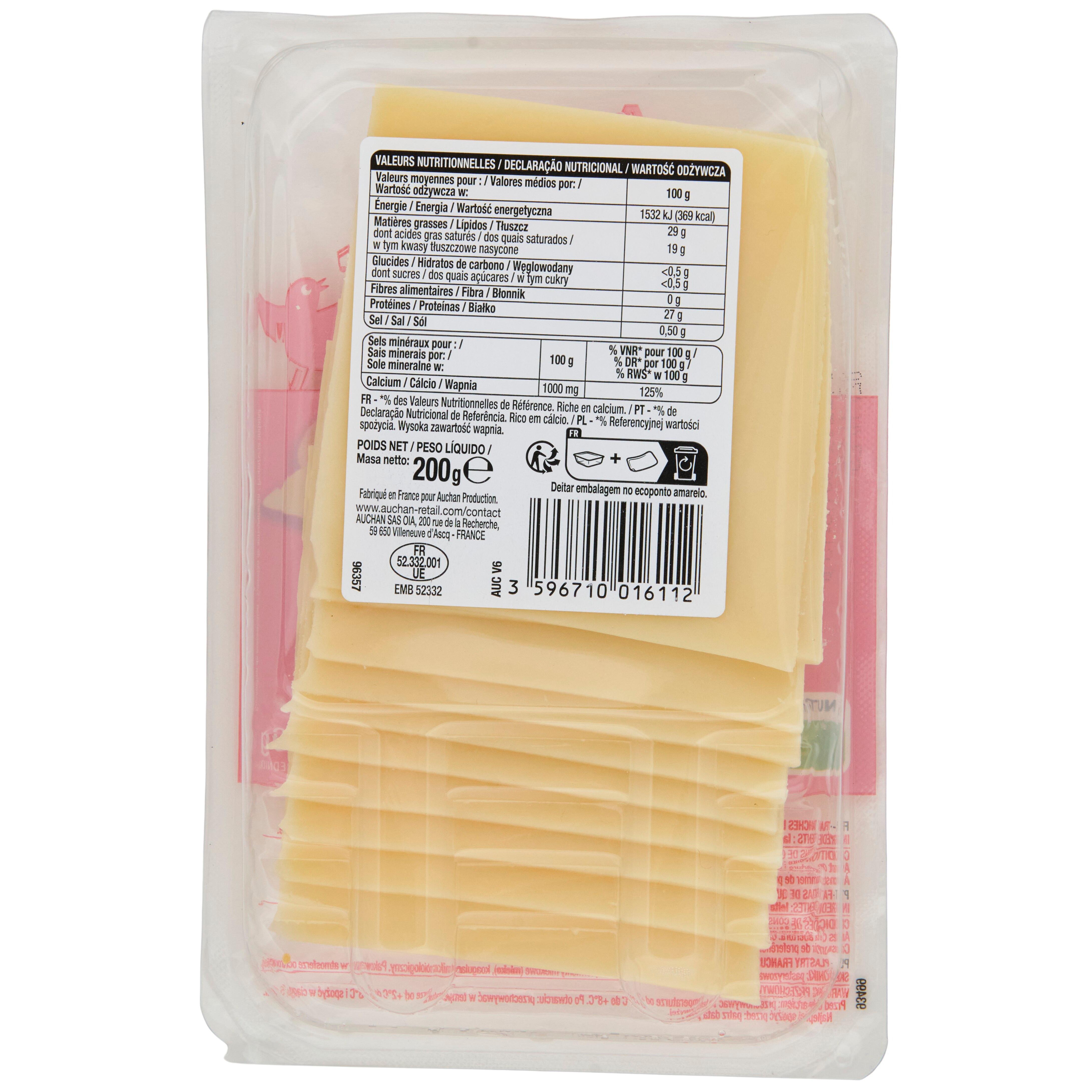 Voir la diapositive 2 : AUCHAN Emmental en tranche 10 tranches 200g