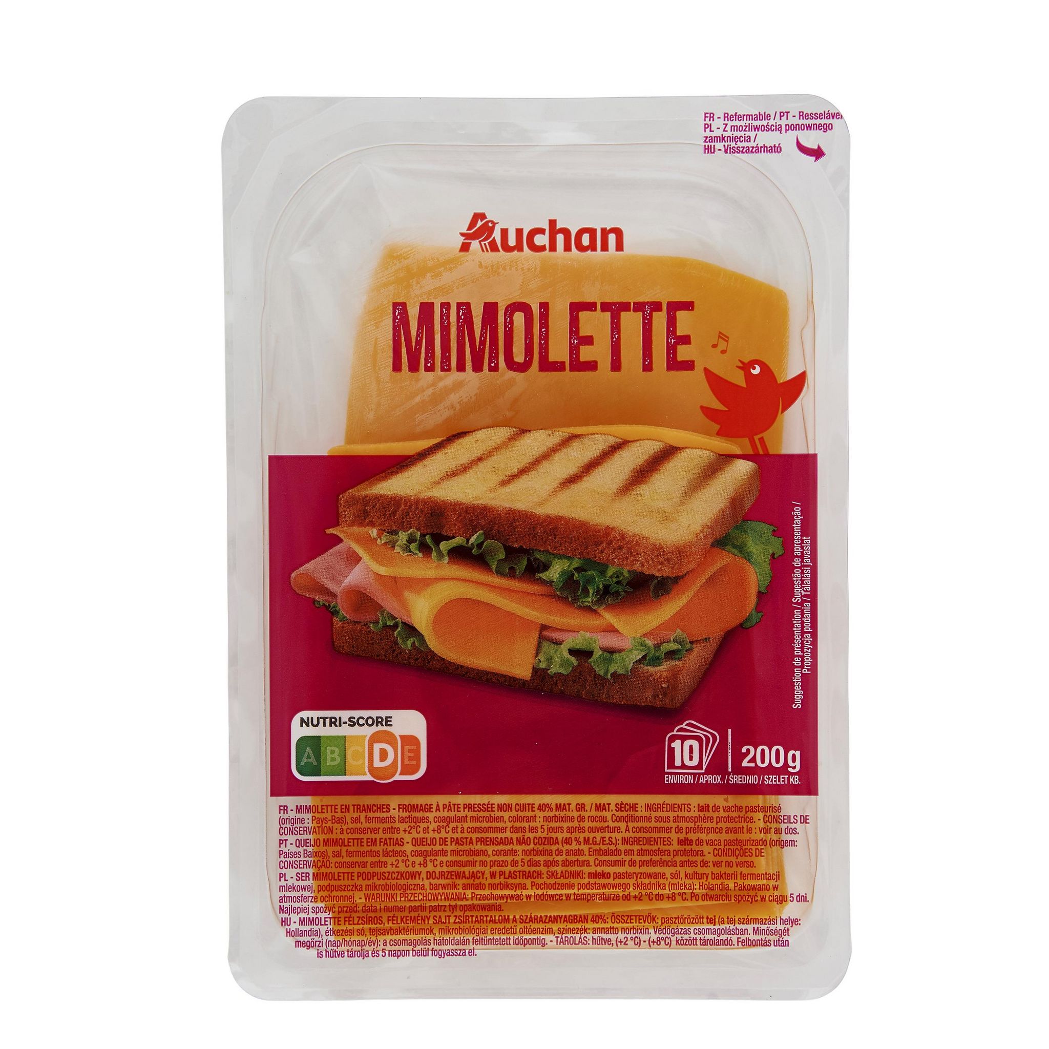 Voir la diapositive 2 : AUCHAN Mimolette jeune en tranche 10 tranches 200g