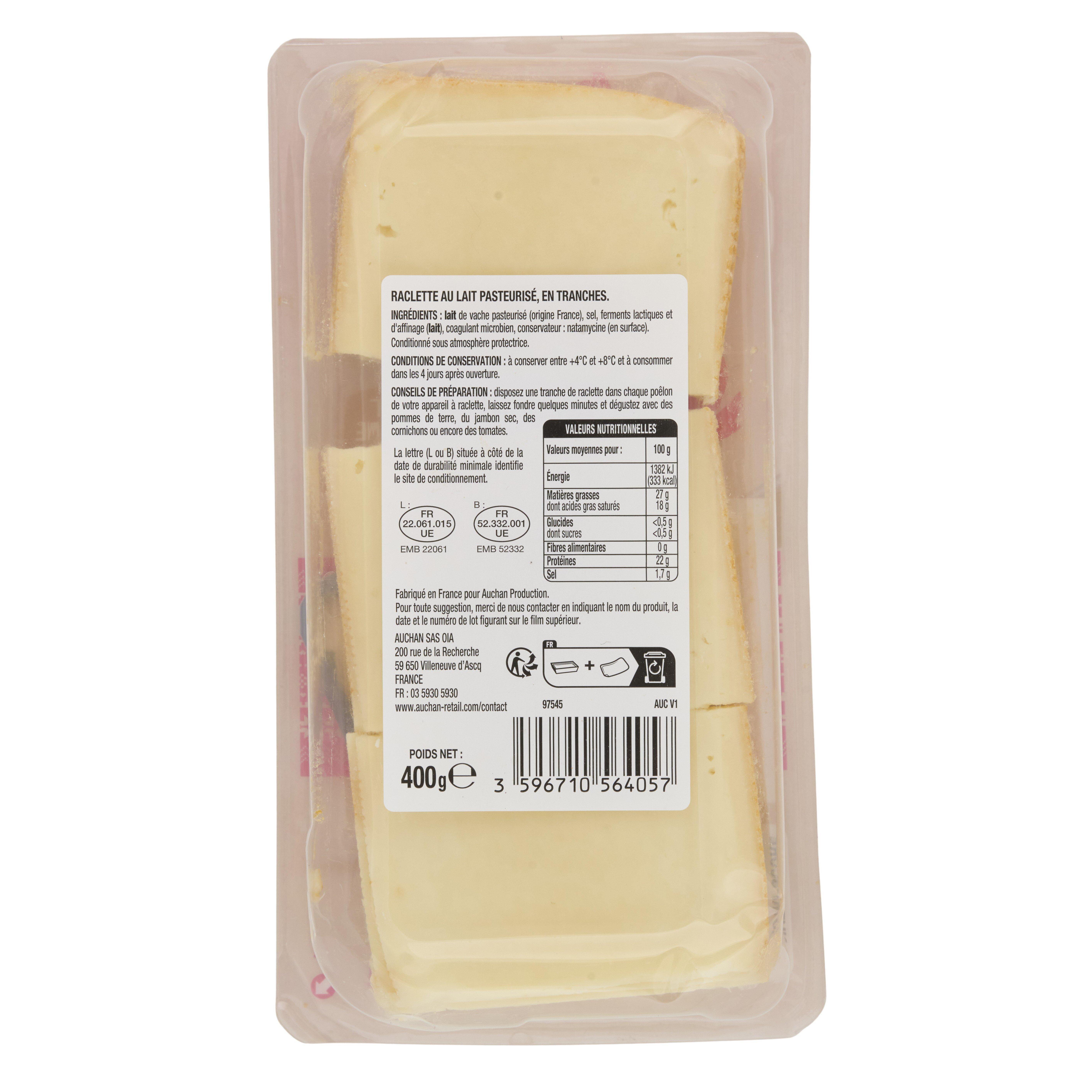 Voir la diapositive 2 : AUCHAN Fromage à raclette nature 2/3 parts 400g