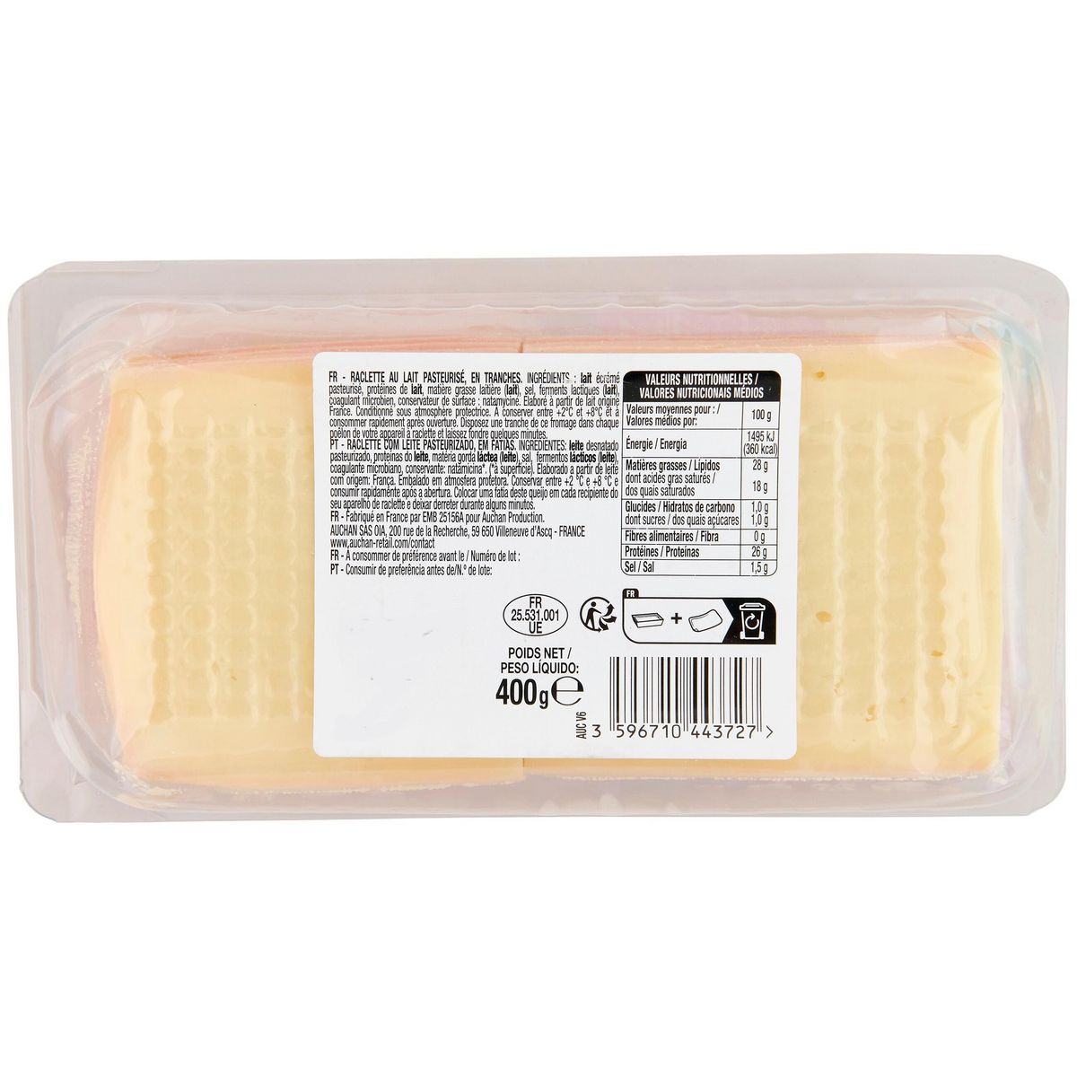 AUCHAN Fromage à raclette nature 2/3 parts 400g