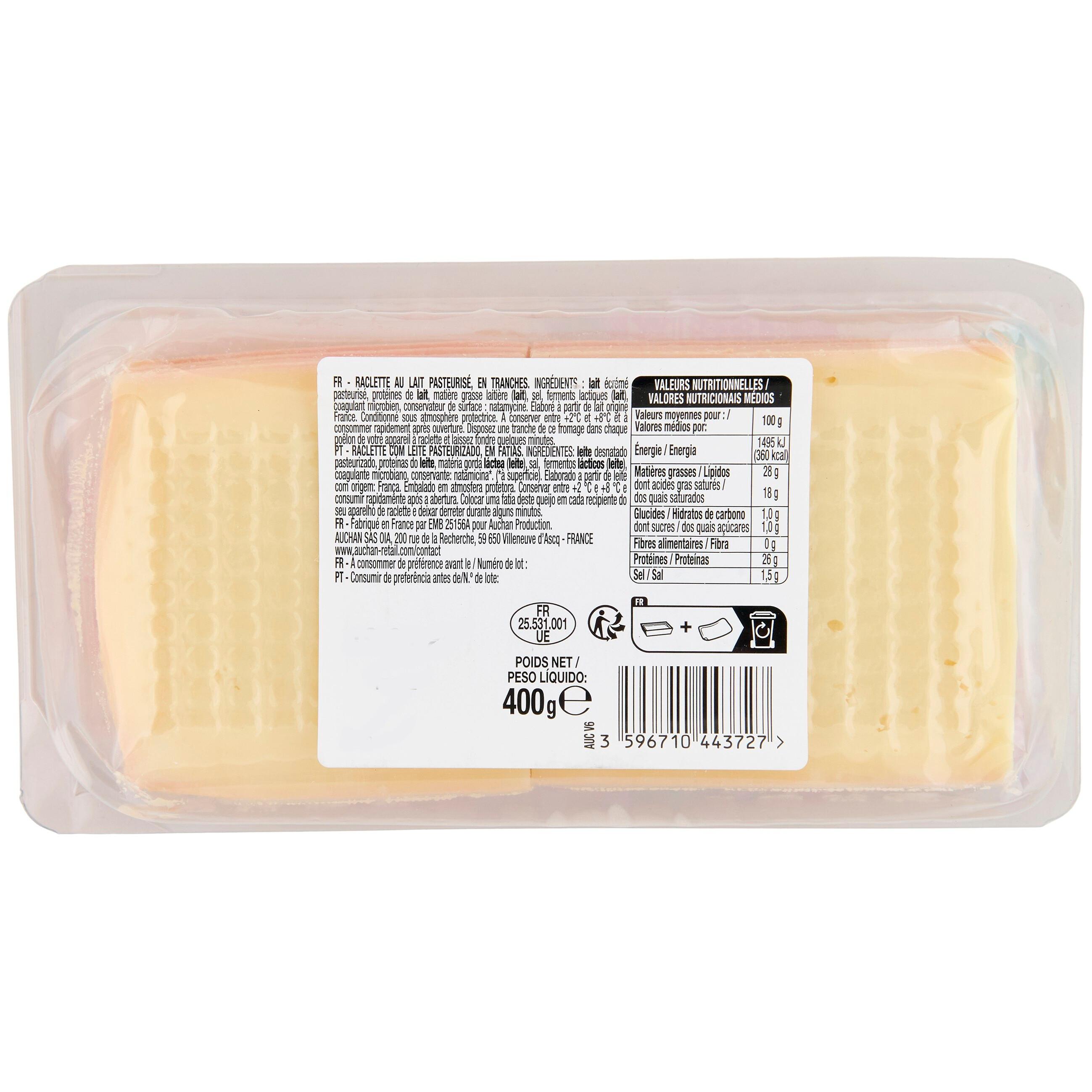 Voir la diapositive 3 : AUCHAN Fromage à raclette nature 2/3 parts 400g