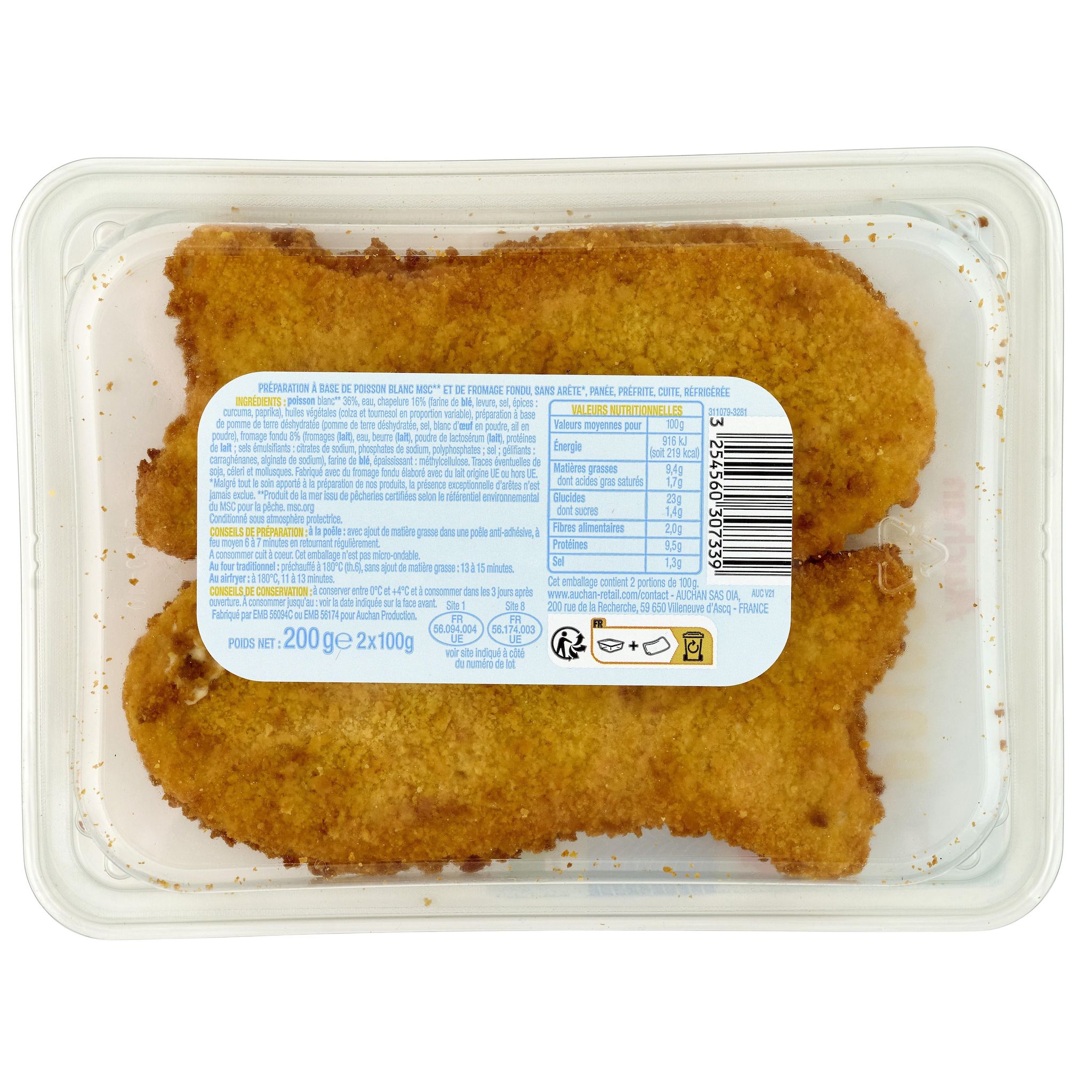 Voir la diapositive 2 : AUCHAN Poissons MSC au fromage fondu 2 pièces 200g