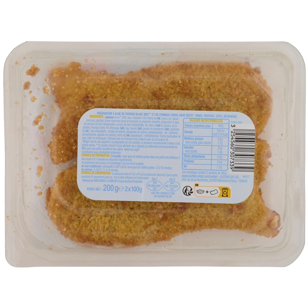 AUCHAN Poissons MSC au fromage fondu 2 pièces 200g