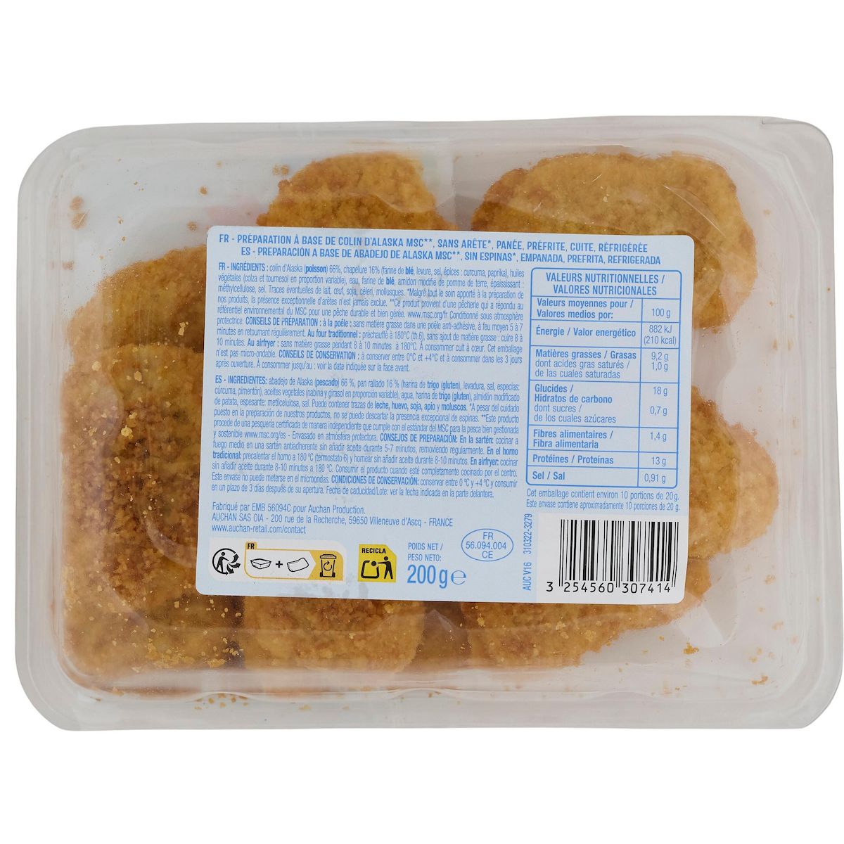 AUCHAN Nuggets de poisson 10 pièces 200g