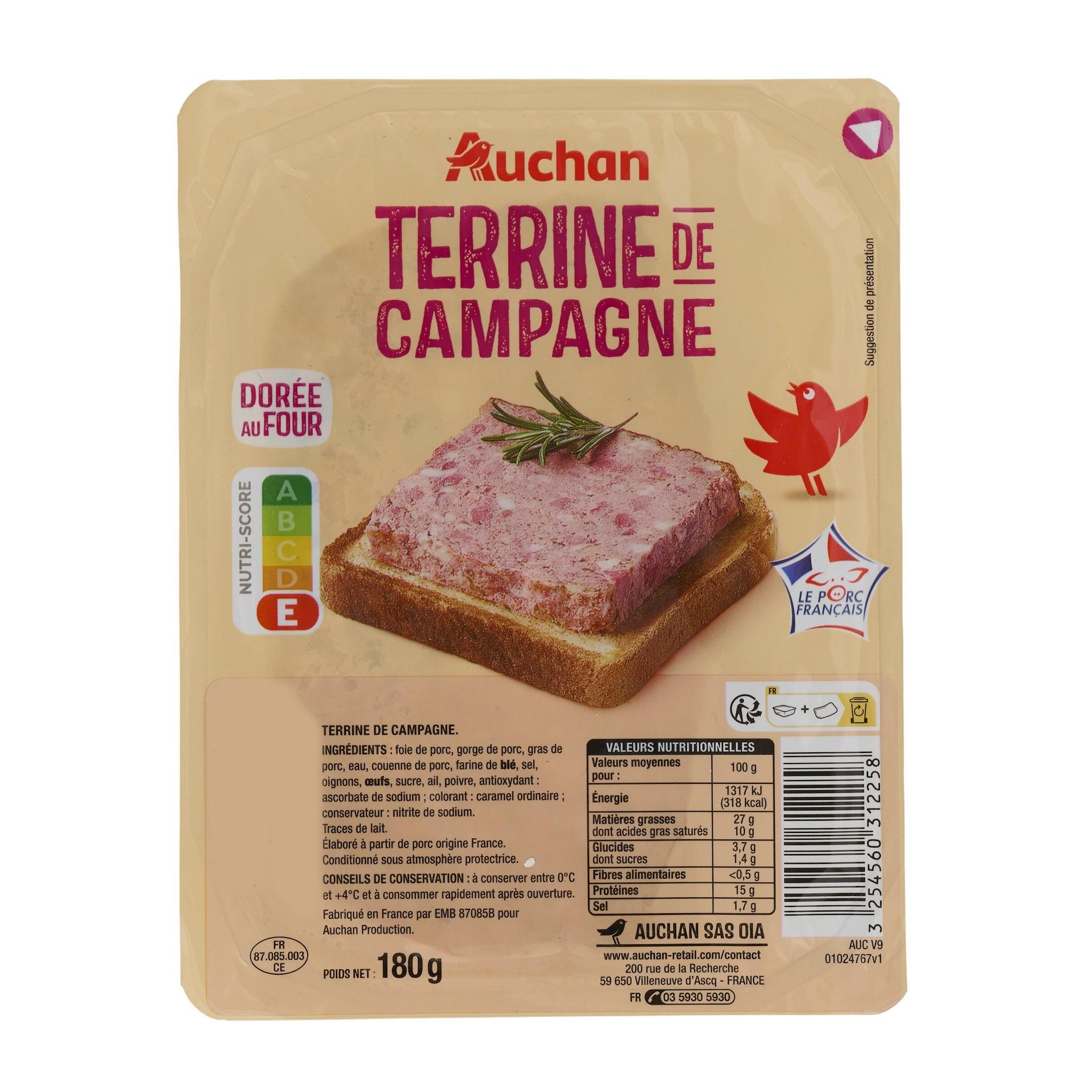 Voir la diapositive 2 : AUCHAN Pâté de campagne 180g