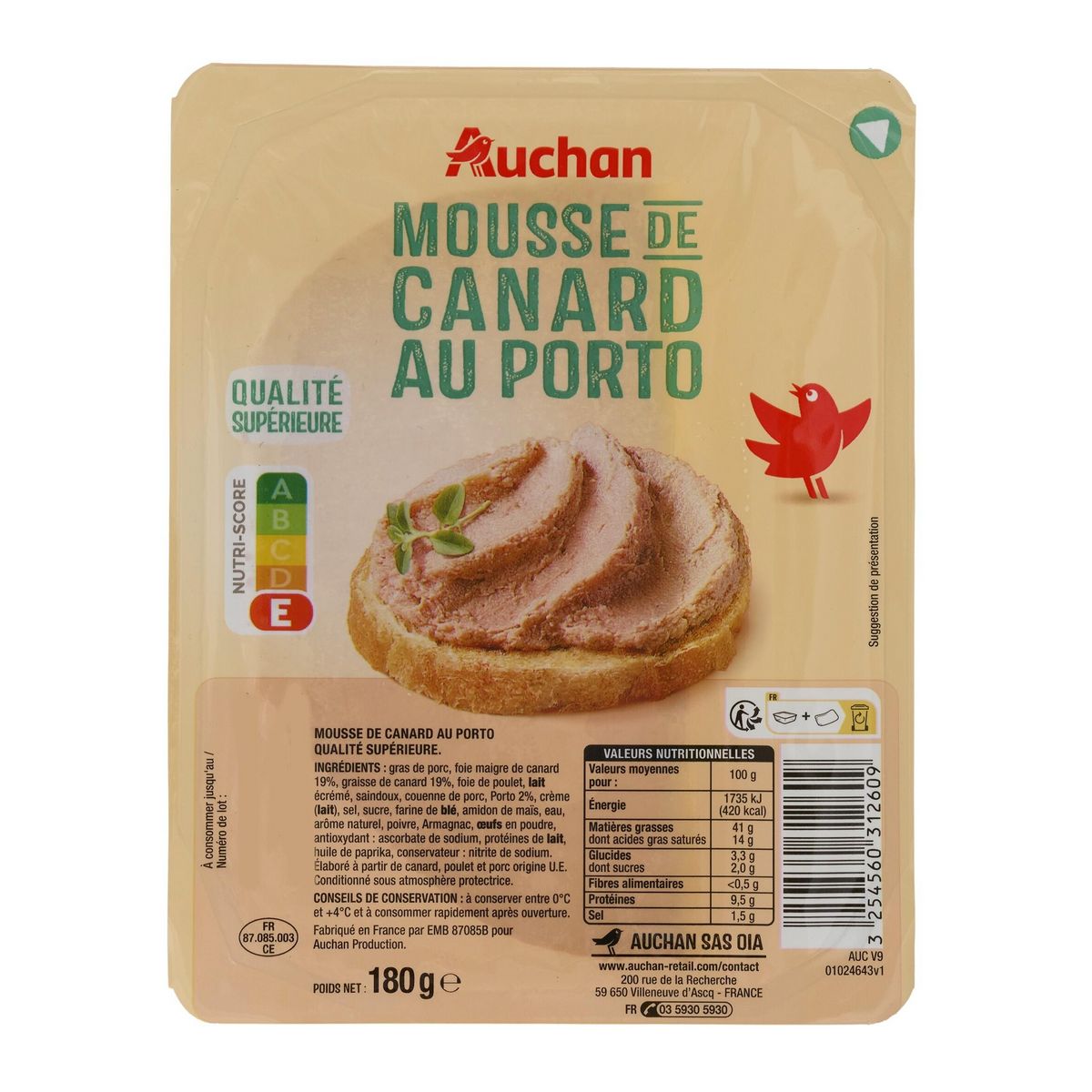 AUCHAN Mousse de canard au porto 180g