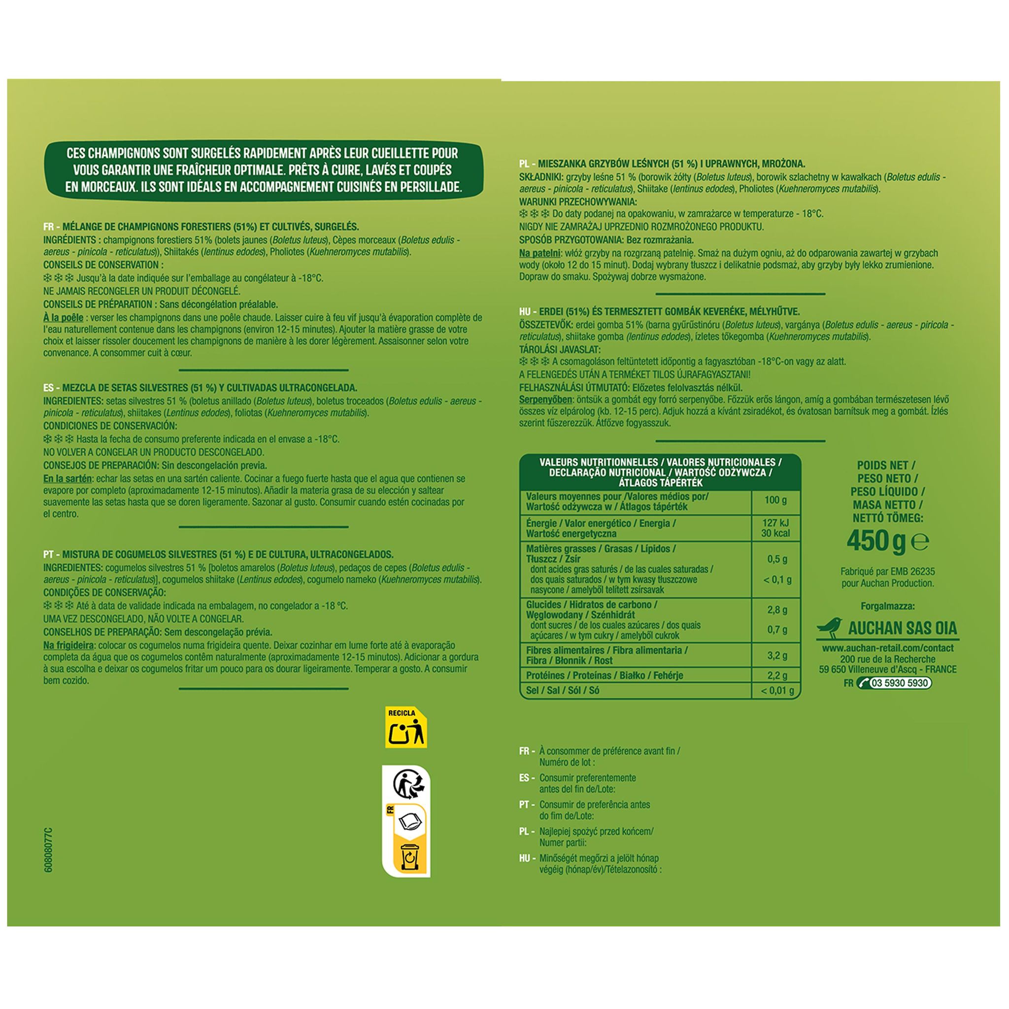 Voir la diapositive 2 : AUCHAN Mélange de champignons forestiers 3 portions 450g