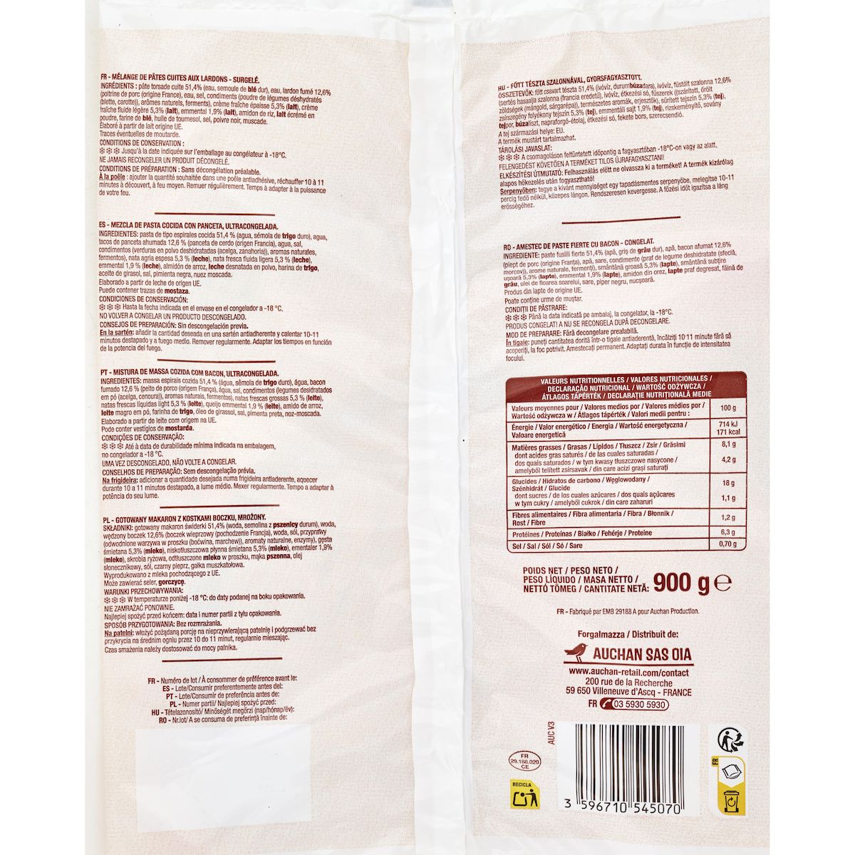 AUCHAN Torsades à la carbonara 3 portions 900g