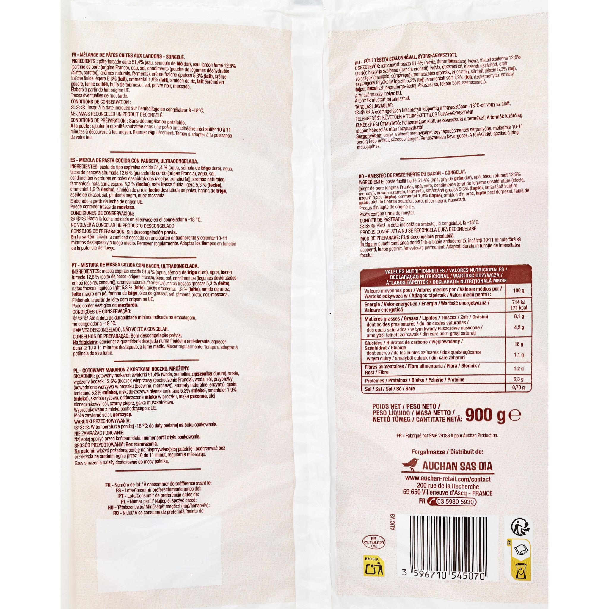 Voir la diapositive 2 : AUCHAN Torsades à la carbonara 3 portions 900g