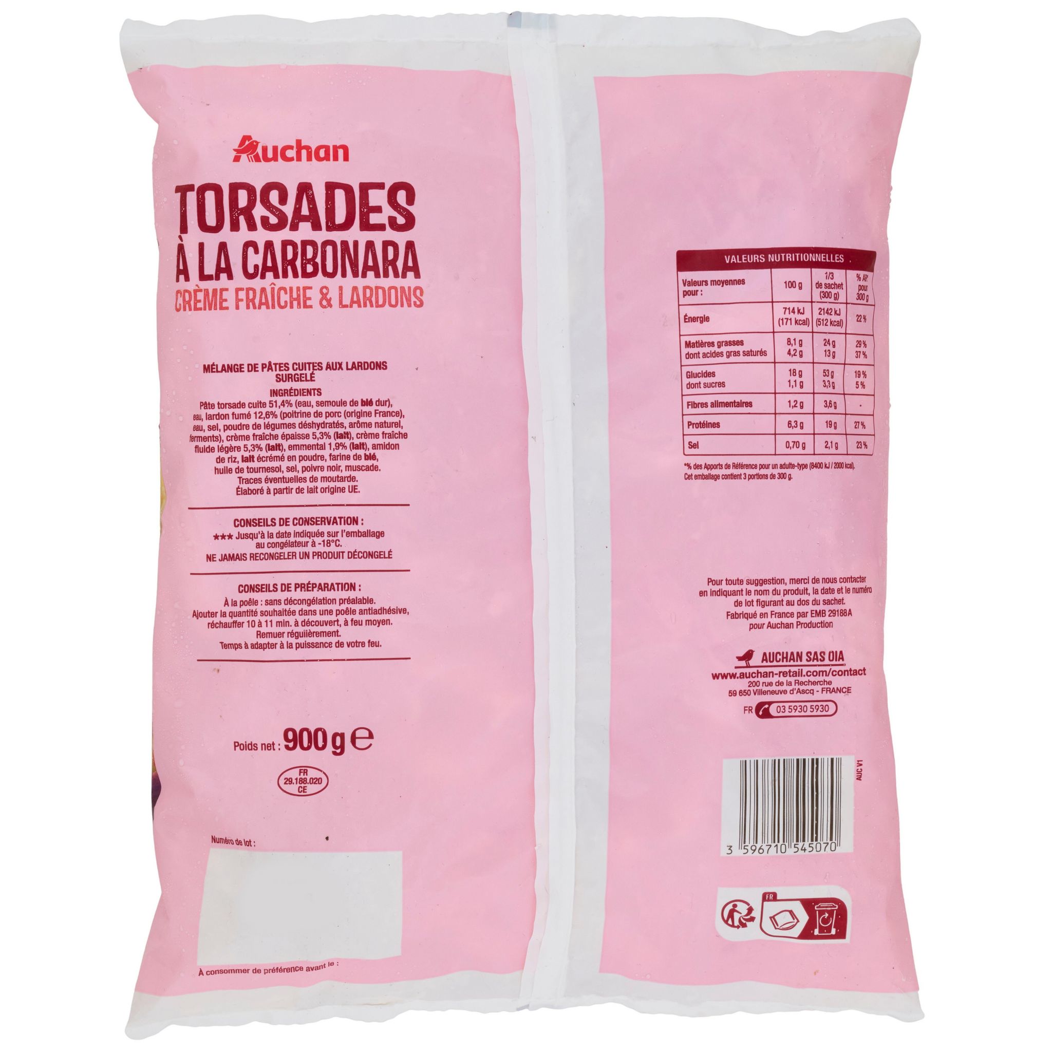 Voir la diapositive 3 : AUCHAN Torsades à la carbonara 3 portions 900g