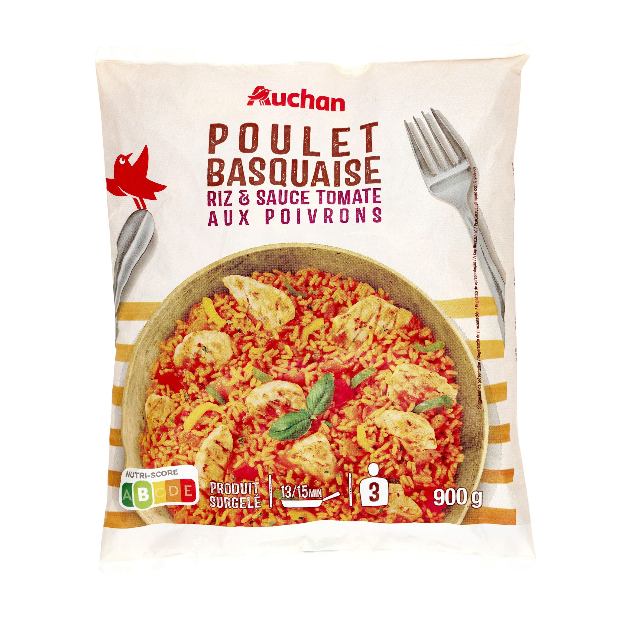 Voir la diapositive 2 : AUCHAN Poulet basquaise et riz 3 portions 900g