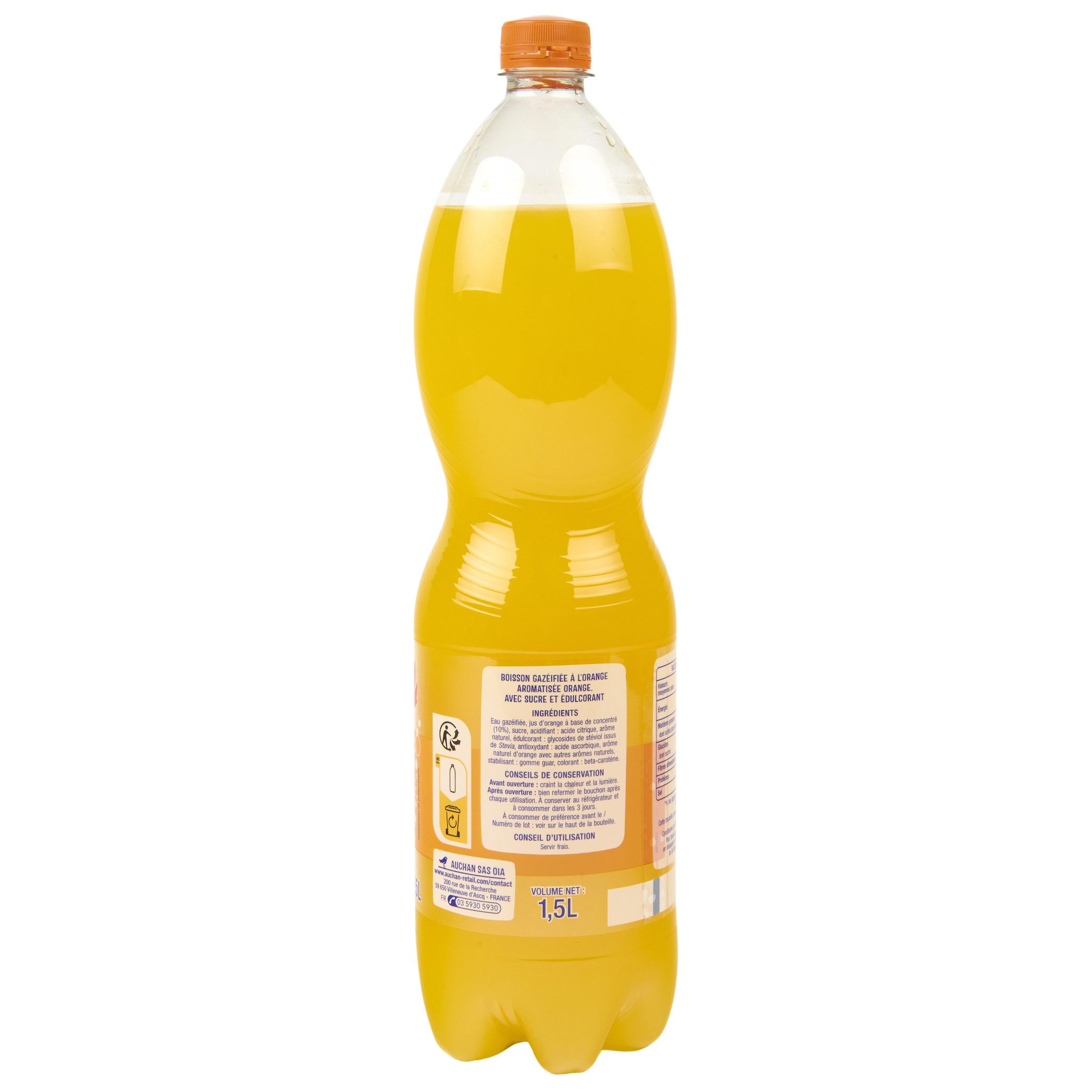 Voir la diapositive 3 : AUCHAN Soda goût orange sans conservateur 1,5l