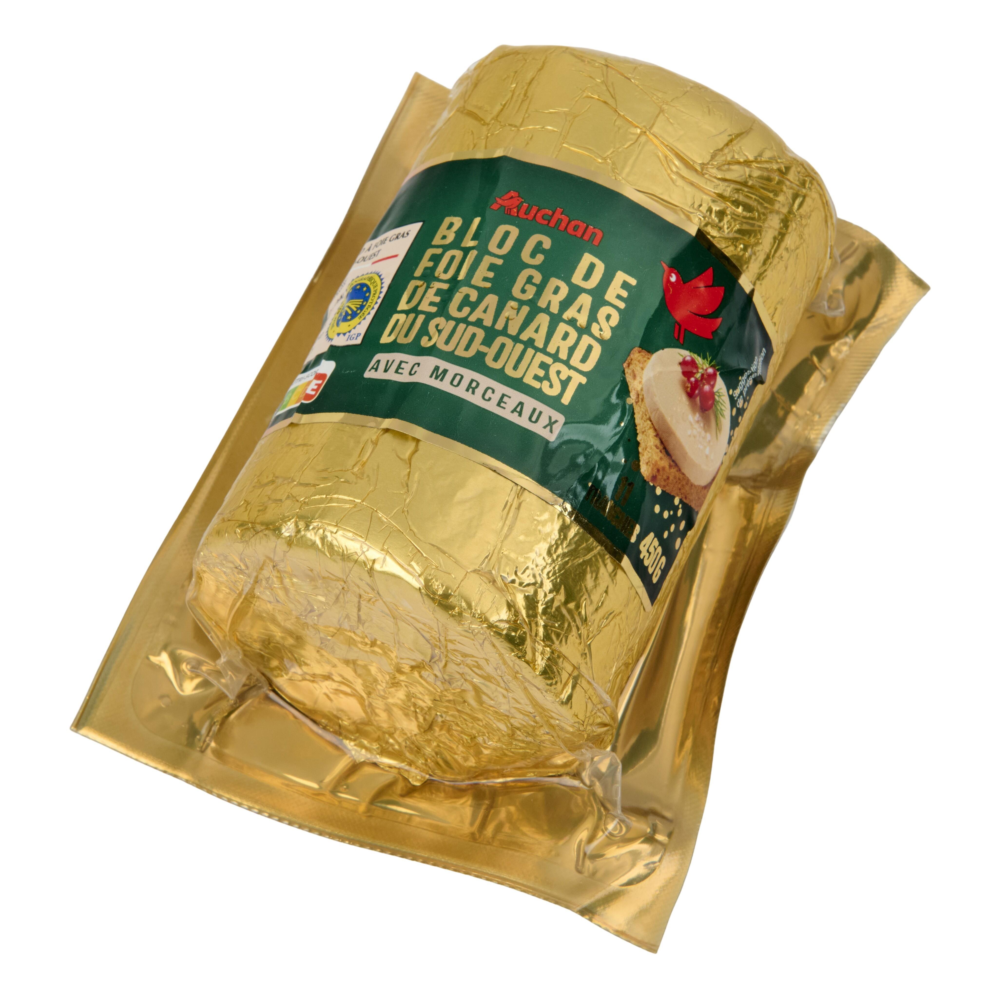 Voir la diapositive 2 : AUCHAN Bloc de foie gras de canard du Sud-Ouest IGP avec morceaux 11 parts 450g
