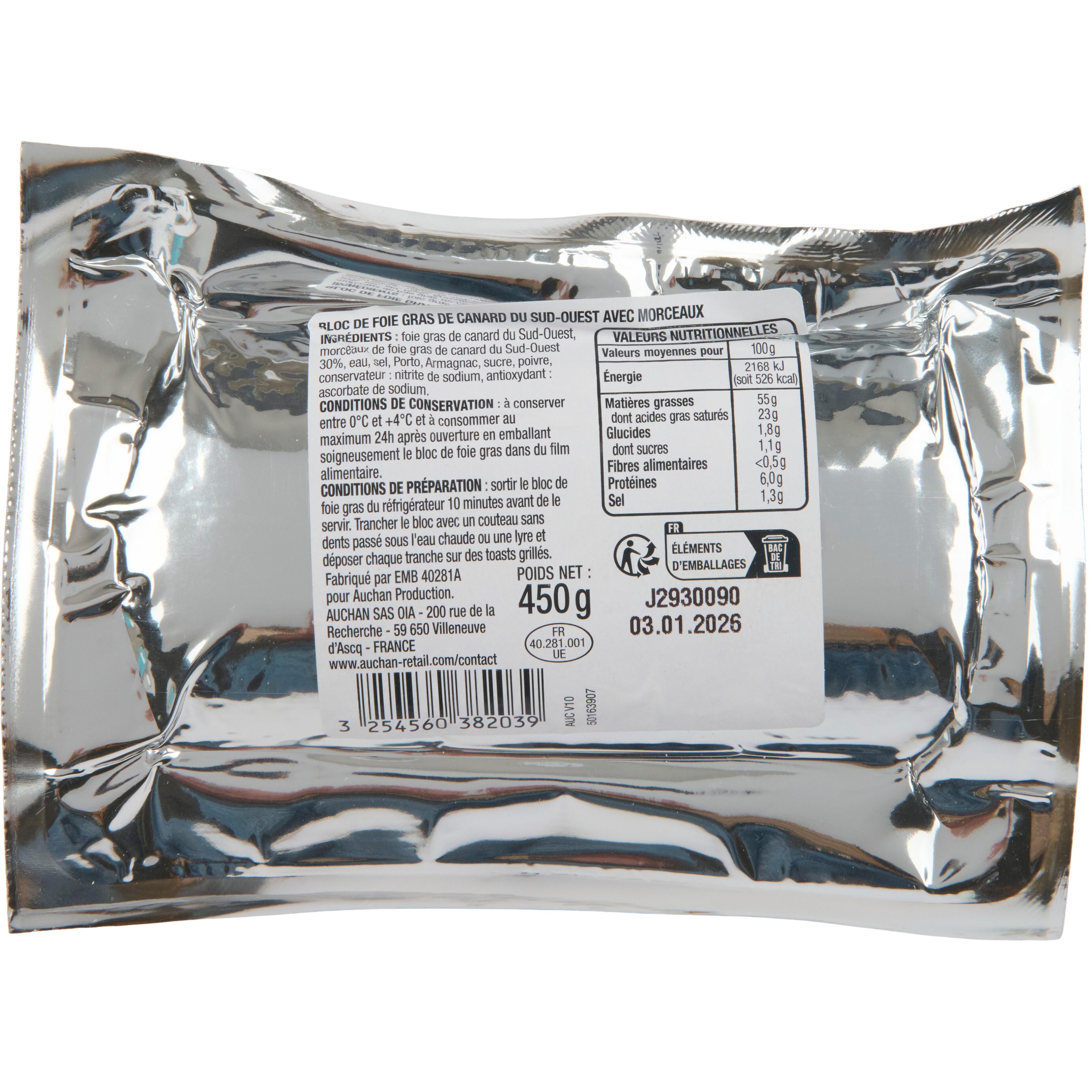Voir la diapositive 3 : AUCHAN Bloc de foie gras de canard du Sud-Ouest IGP avec morceaux 11 parts 450g