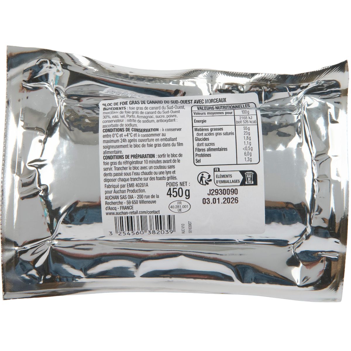 AUCHAN Bloc de foie gras de canard du Sud-Ouest IGP avec morceaux 11 parts 450g