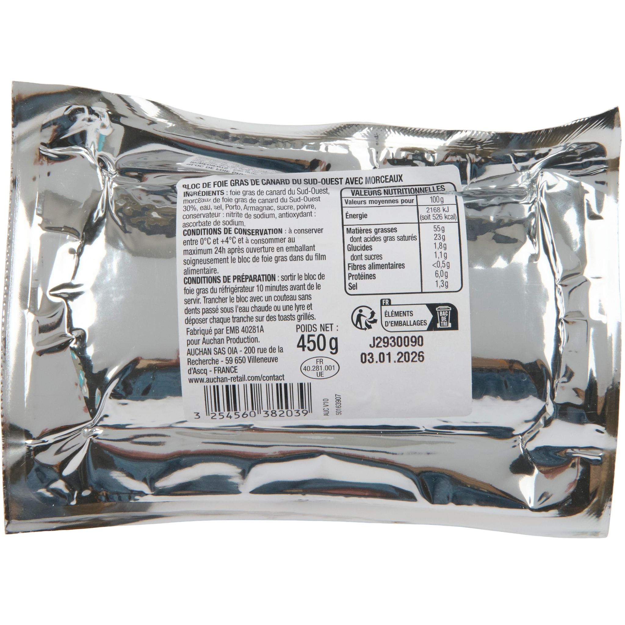 Voir la diapositive 3 : AUCHAN Bloc de foie gras de canard du Sud-Ouest IGP avec morceaux 11 parts 450g