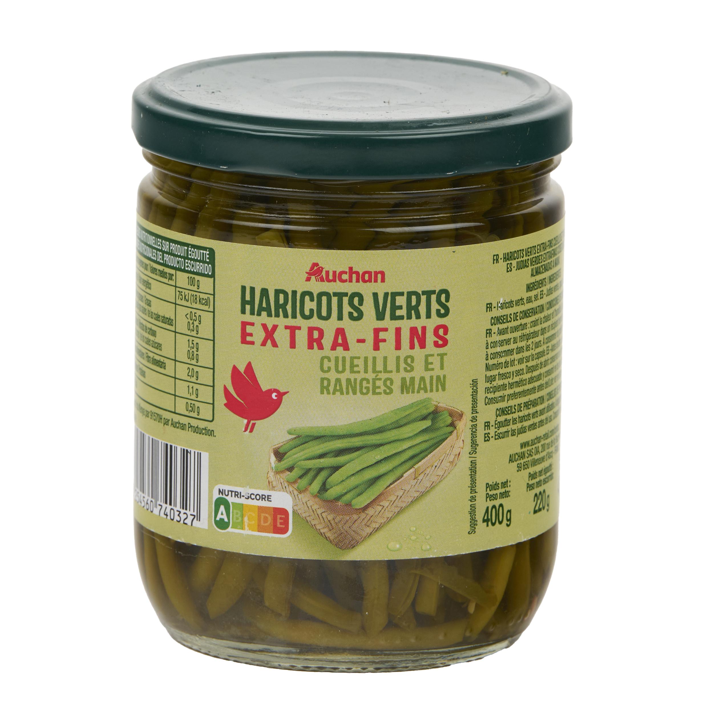 Voir la diapositive 3 : AUCHAN Haricots verts extra fins cueillis et rangés main en bocal 220g