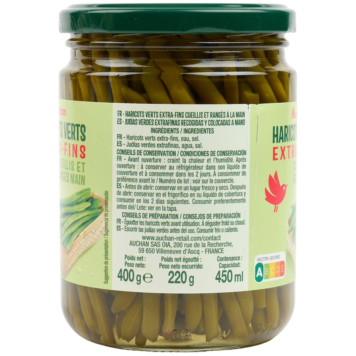 AUCHAN Haricots verts extra fins cueillis et rangés main en bocal 220g