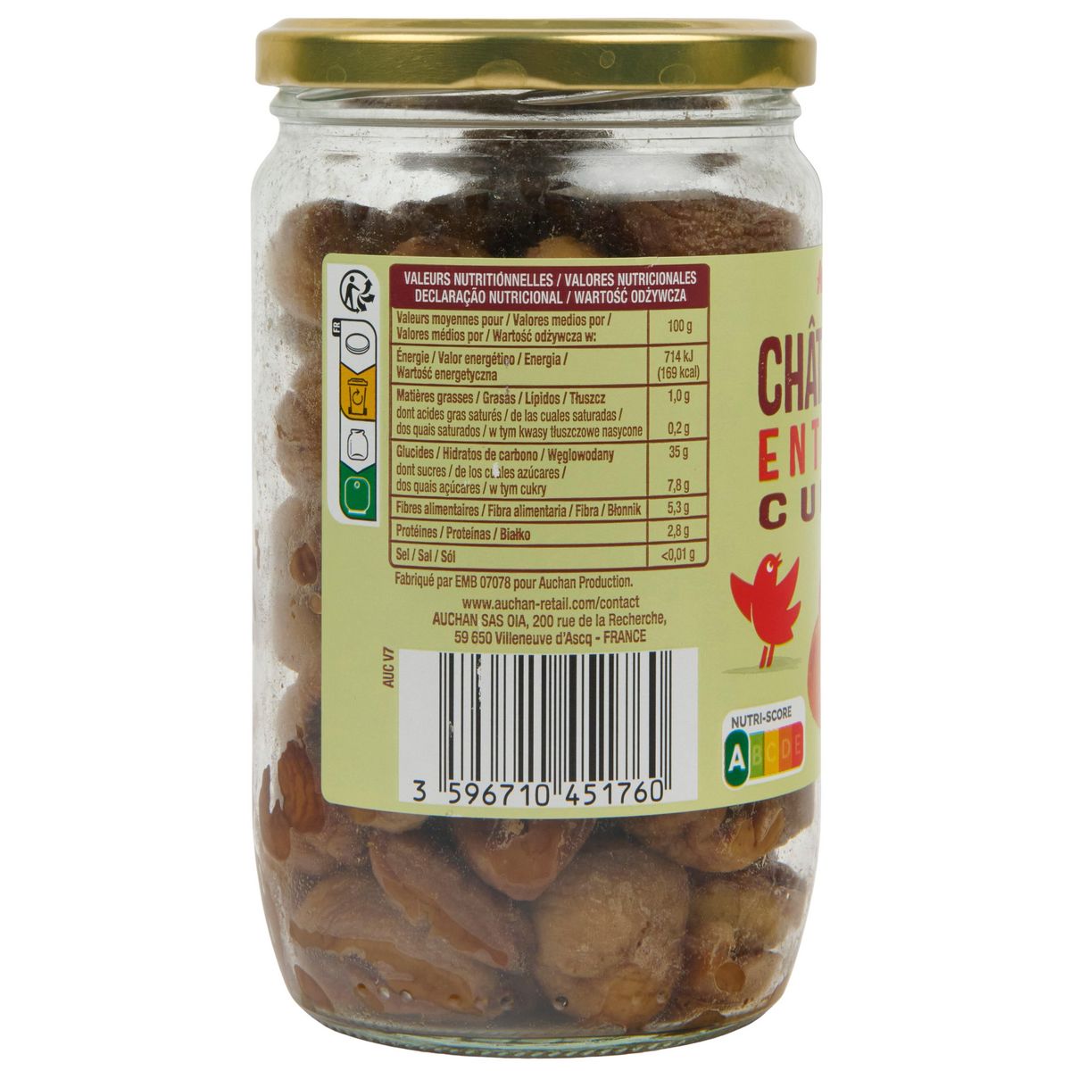 AUCHAN Châtaignes entières cuites en bocal 420g