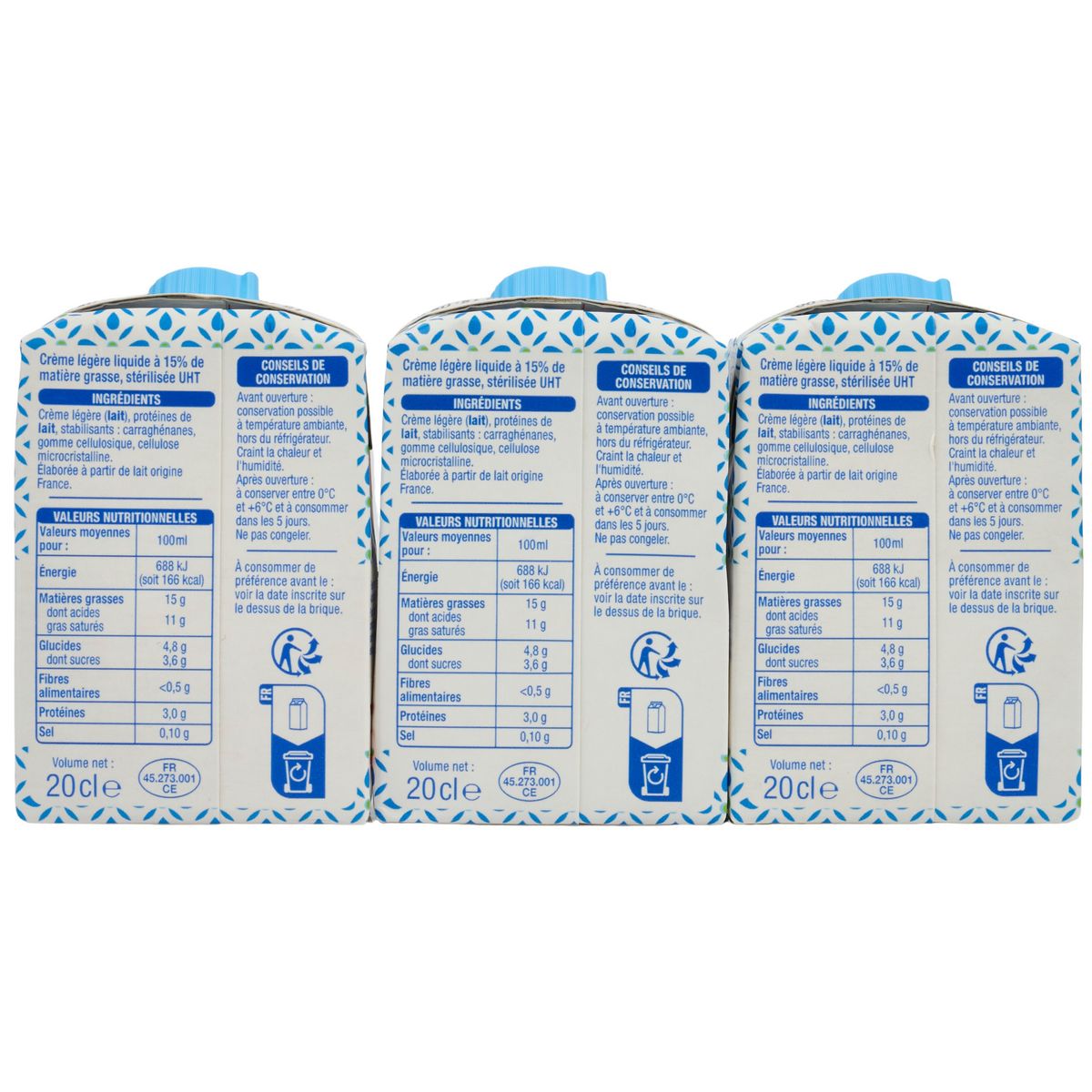 AUCHAN Crème fluide légère 15%MG UHT 3x20cl