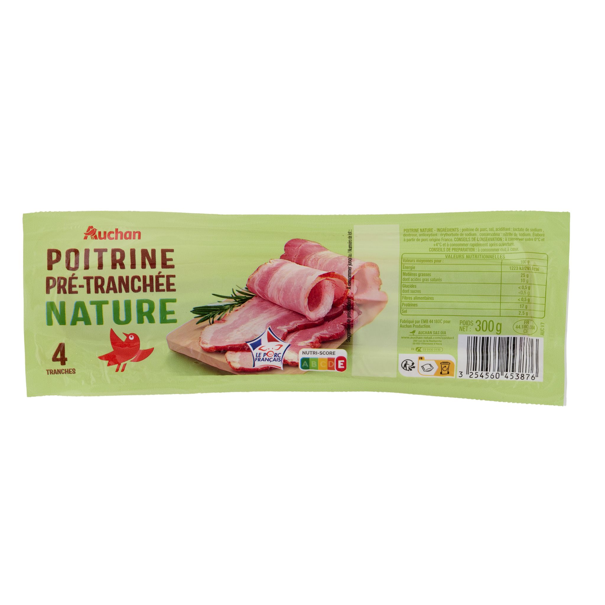 Voir la diapositive 2 : AUCHAN Poitrine nature prétranchée 4 tranches 300g