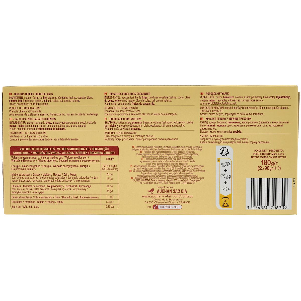 AUCHAN Cigarettes gourmandes sachets fraîcheur 2x12 biscuits 125g