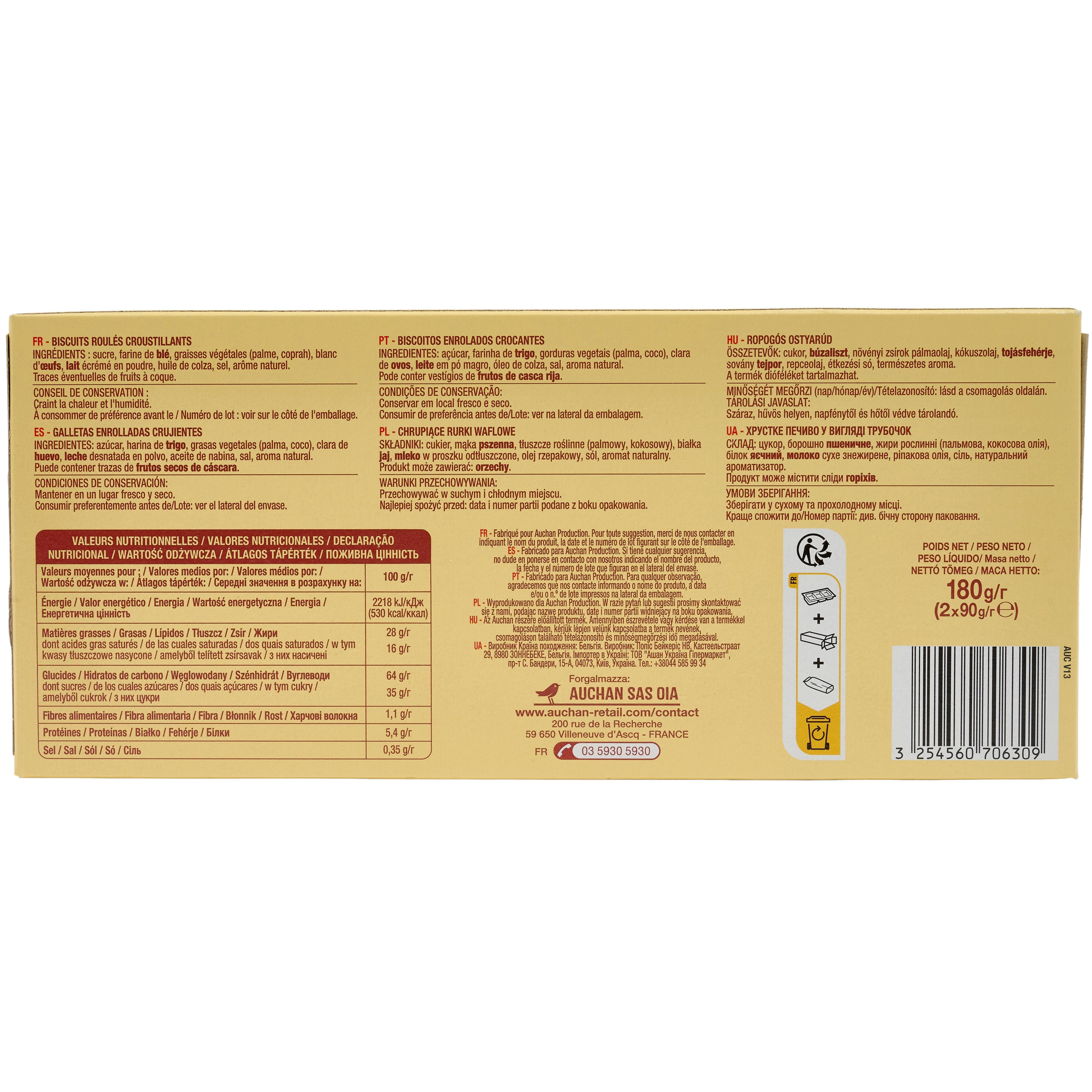 Voir la diapositive 3 : AUCHAN Cigarettes gourmandes sachets fraîcheur 2x12 biscuits 125g