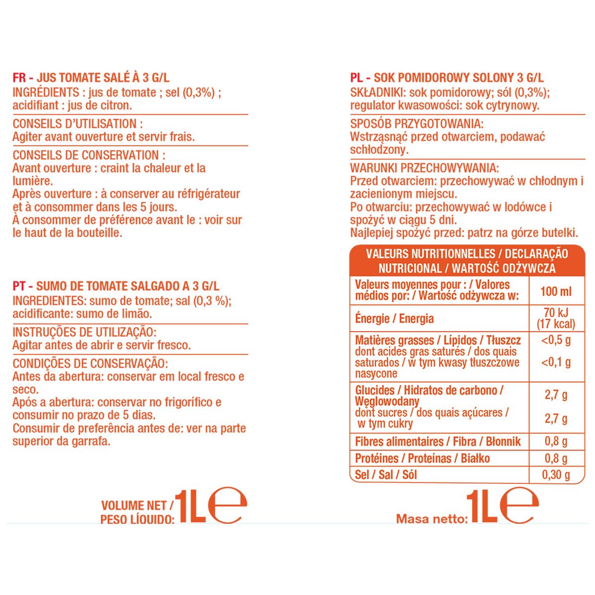 AUCHAN Pur jus de tomate 1l